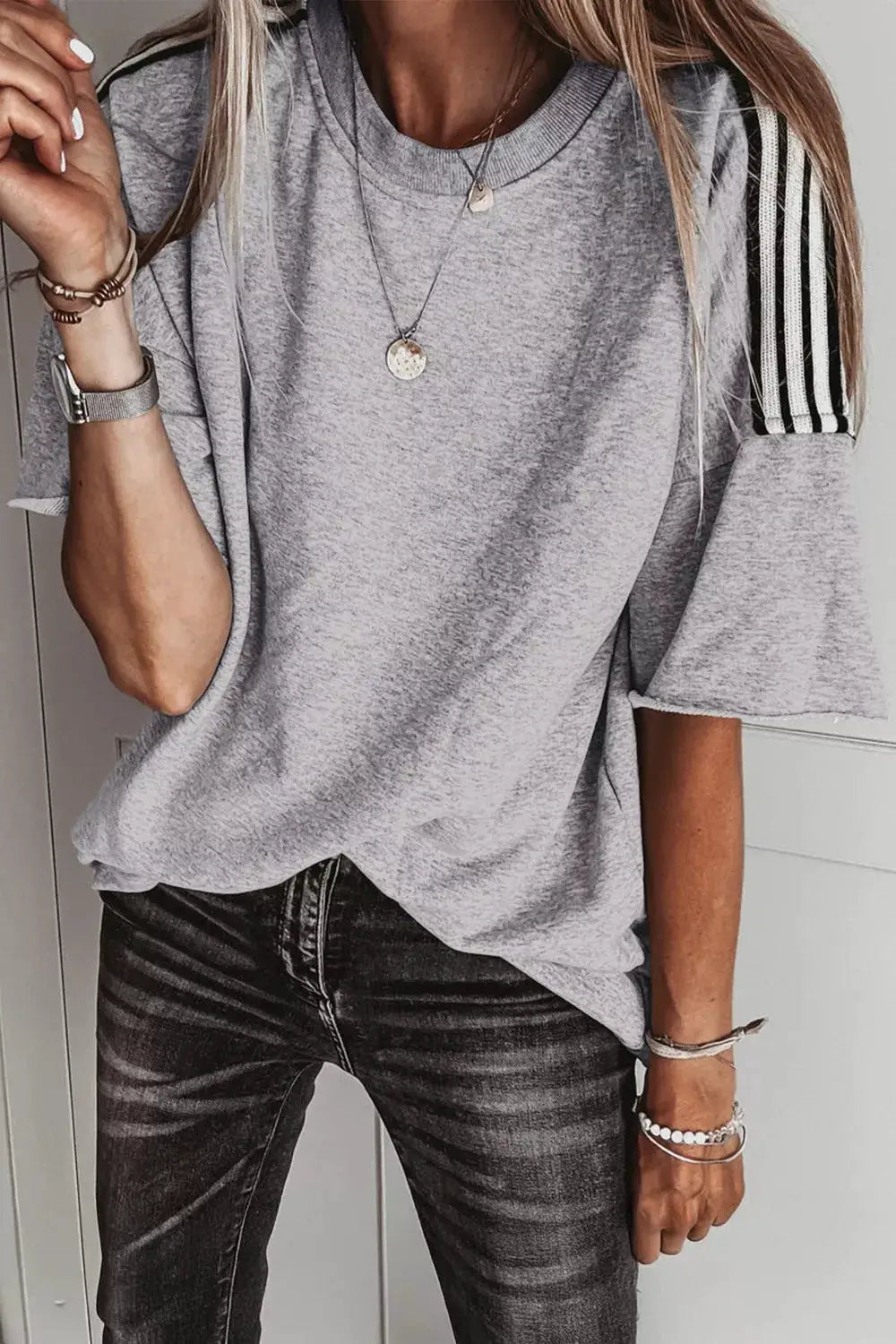 Gray Striped Shoulder Detail Relaxed Fit T Shirt For Women - Fritsch & Co.