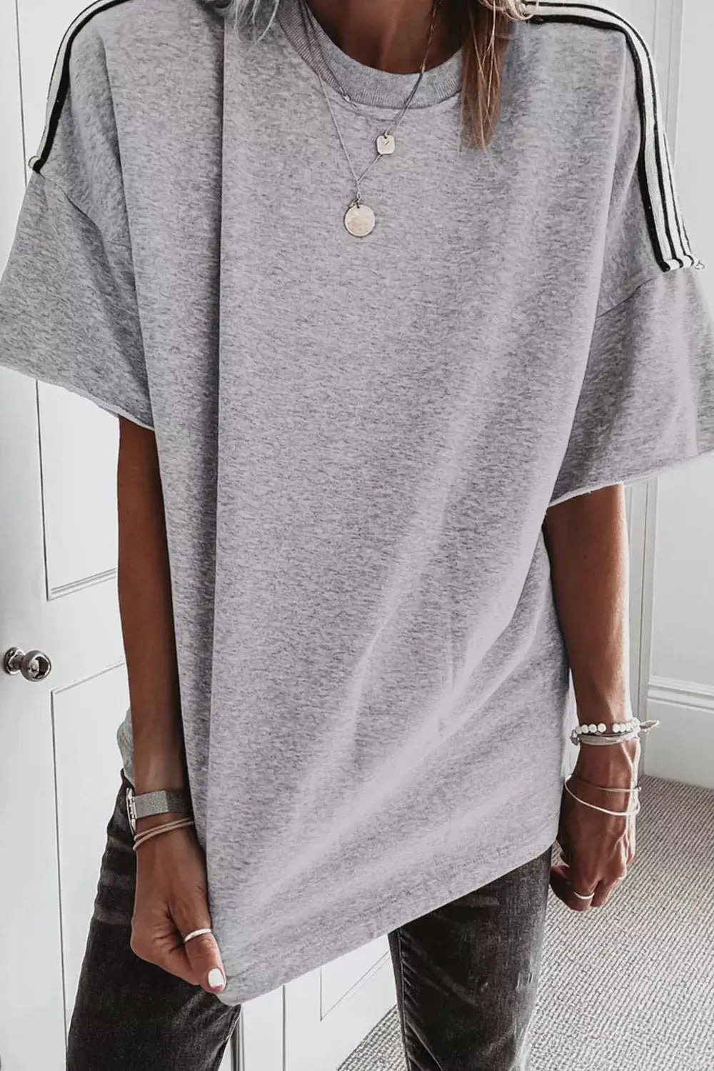 Gray Striped Shoulder Detail Relaxed Fit T Shirt For Women - Fritsch & Co.