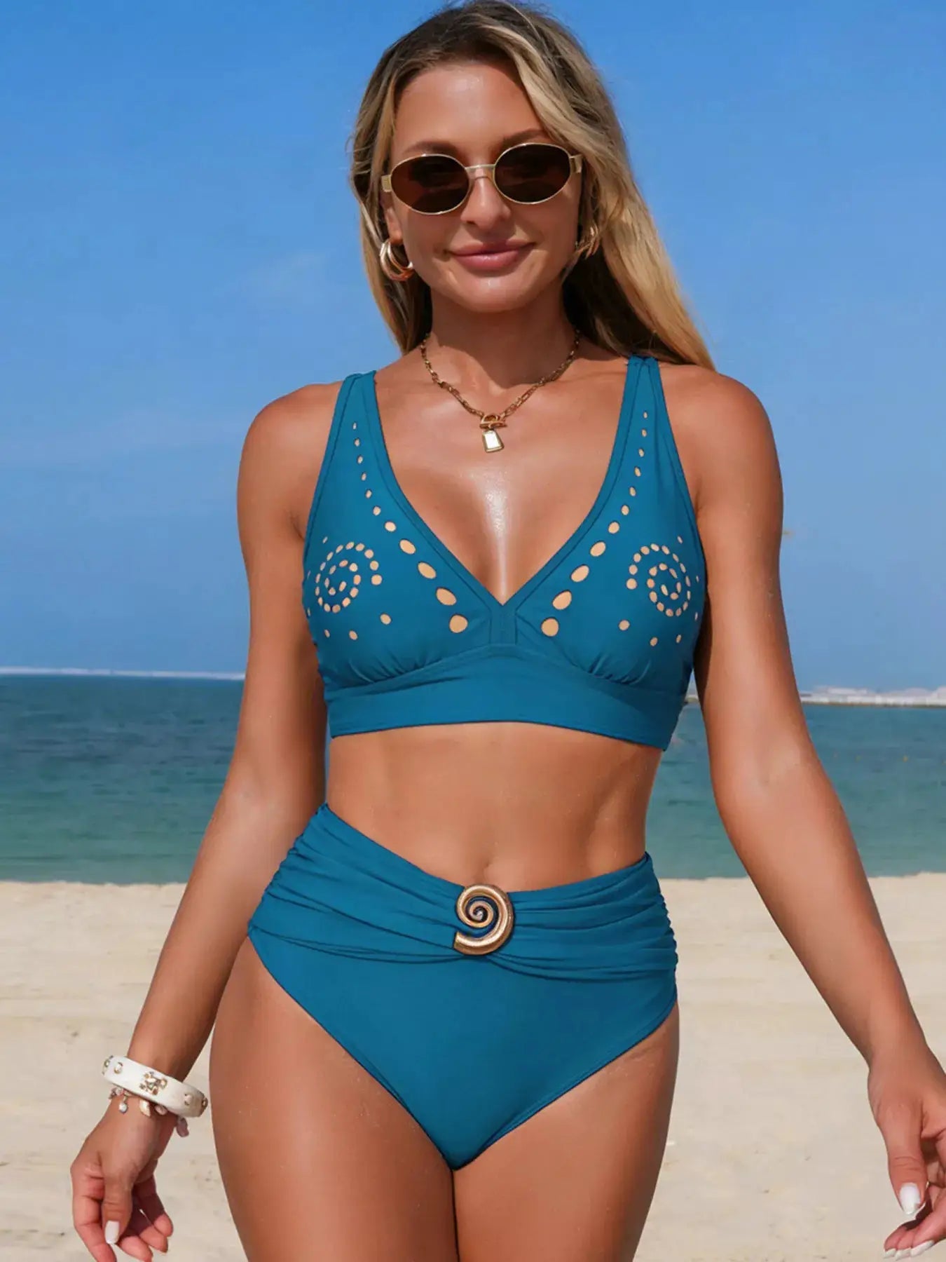 Green High Waisted Ruched Two Piece Swim Set With Cutout Detail - Fritsch & Co.