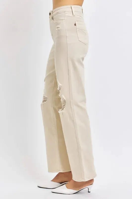 Judy Blue Full Size High Waist Distressed Wide Leg Jeans Beige - Fritsch & Co.