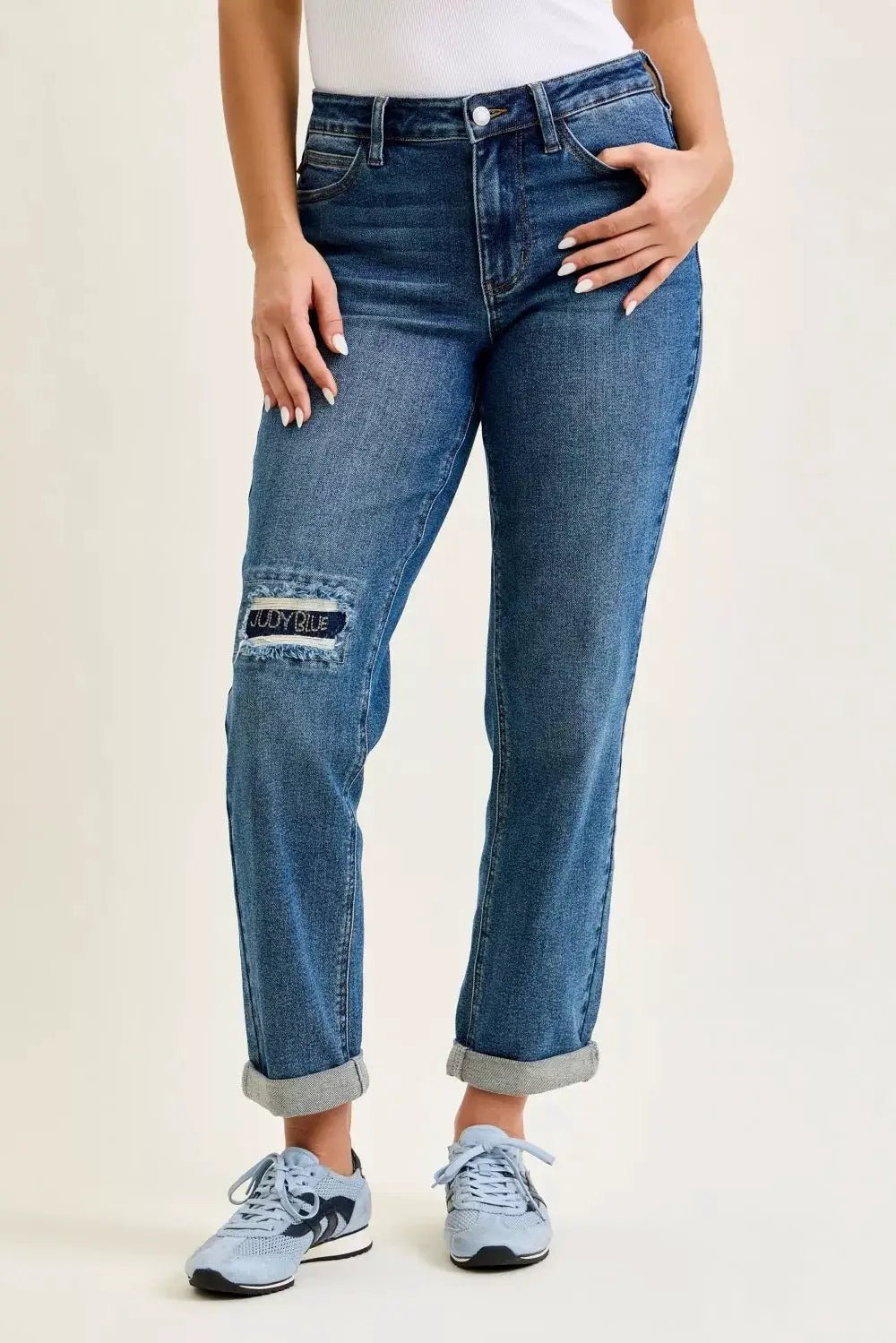 Judy Blue Mid Rise Boyfriend Jeans Embroidered Repair Patch - Fritsch & Co.