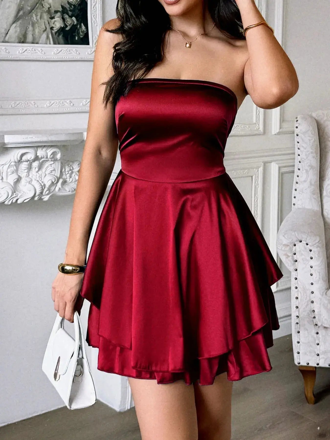 Layered Tube Satin Mini Dress With Lace Up Bodice Details - Fritsch & Co.