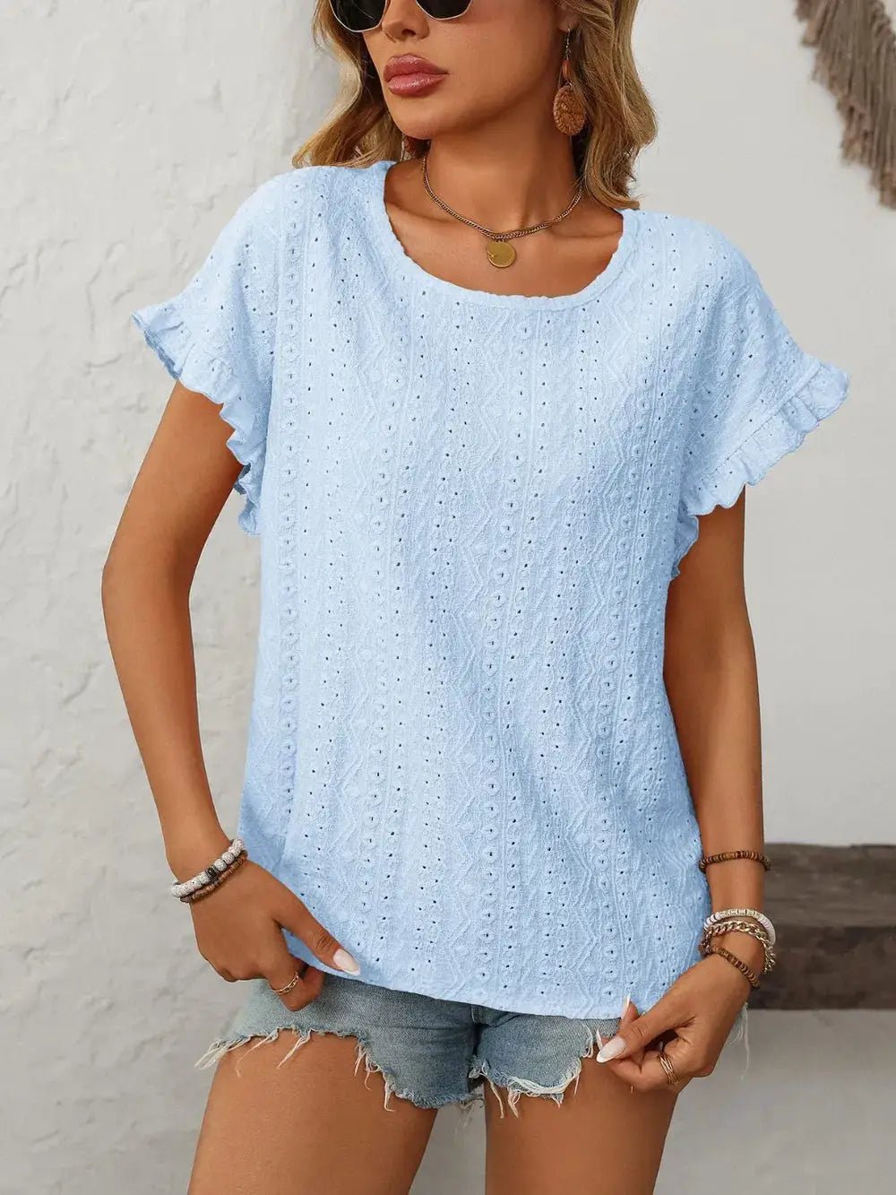 Mandy Eyelet Round Neck Short Sleeve Top - Fritsch & Co.