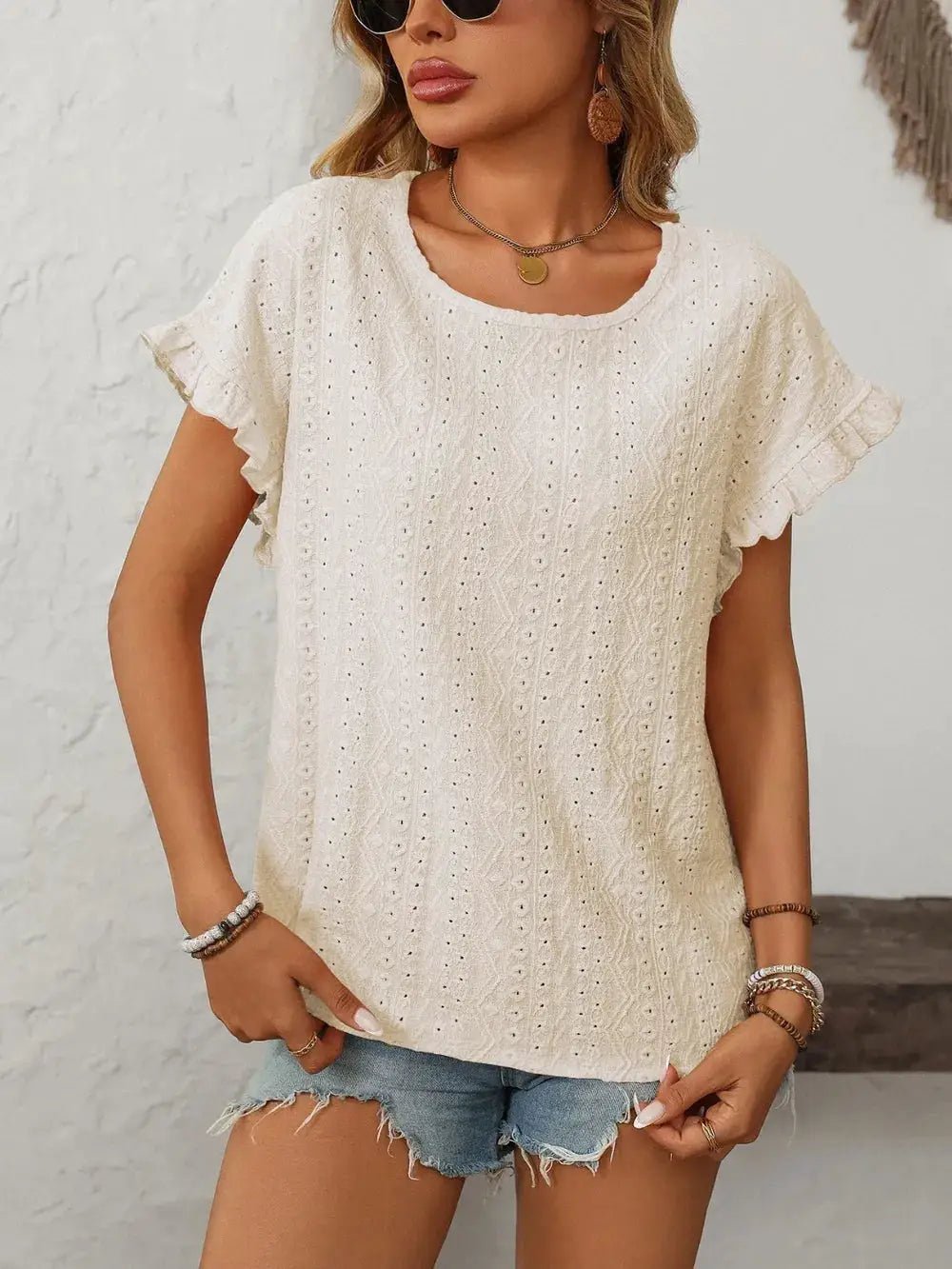 Mandy Eyelet Round Neck Short Sleeve Top - Fritsch & Co.