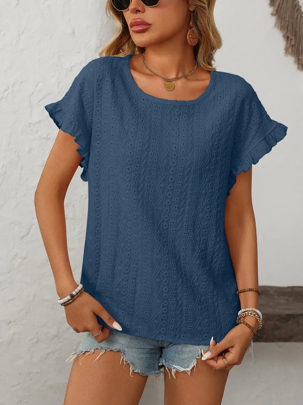 Mandy Eyelet Round Neck Short Sleeve Top - Fritsch & Co.