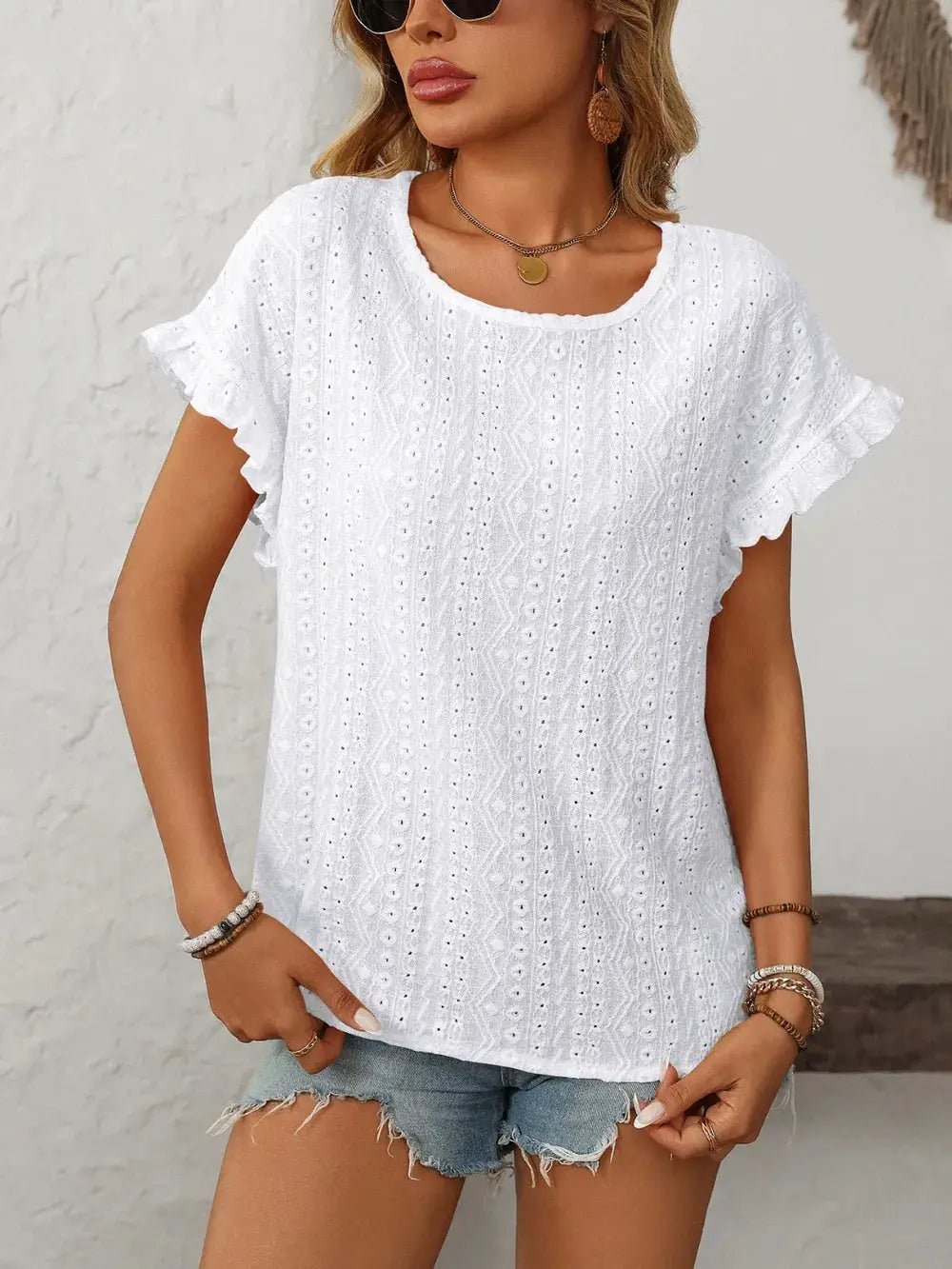Mandy Eyelet Round Neck Short Sleeve Top - Fritsch & Co.