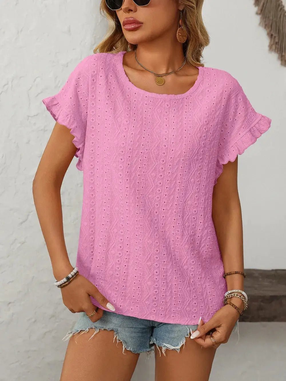 Mandy Eyelet Round Neck Short Sleeve Top - Fritsch & Co.