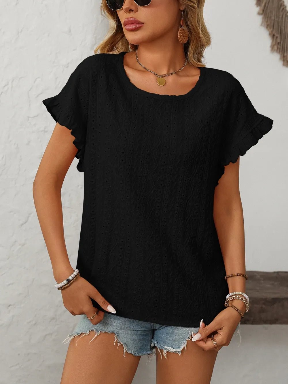 Mandy Eyelet Round Neck Short Sleeve Top - Fritsch & Co.