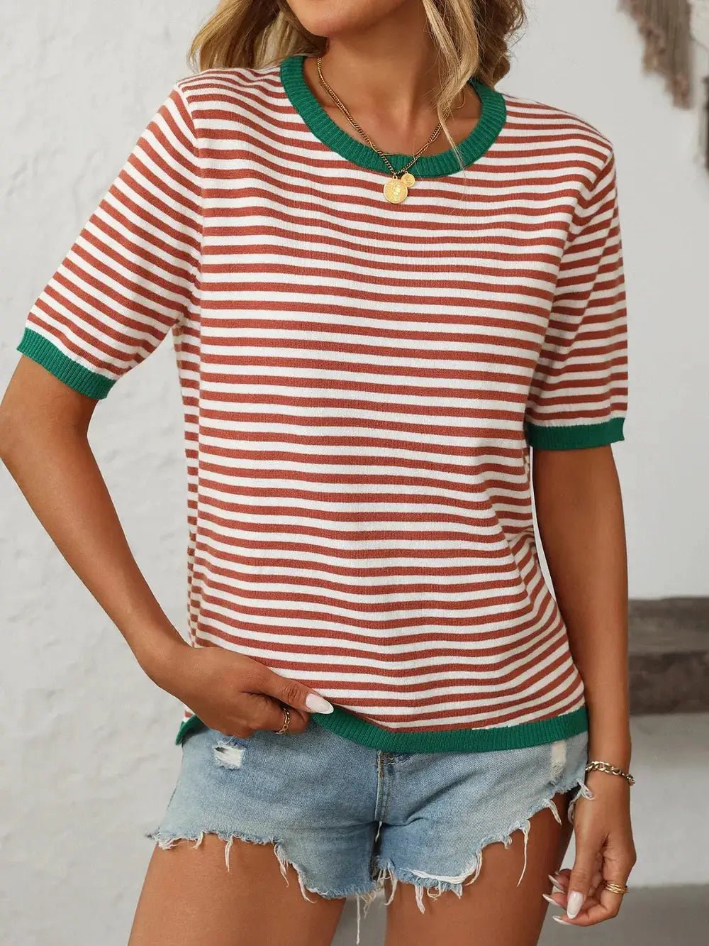 Mandy Striped Round Neck Half Sleeve Knit Top - Fritsch & Co.