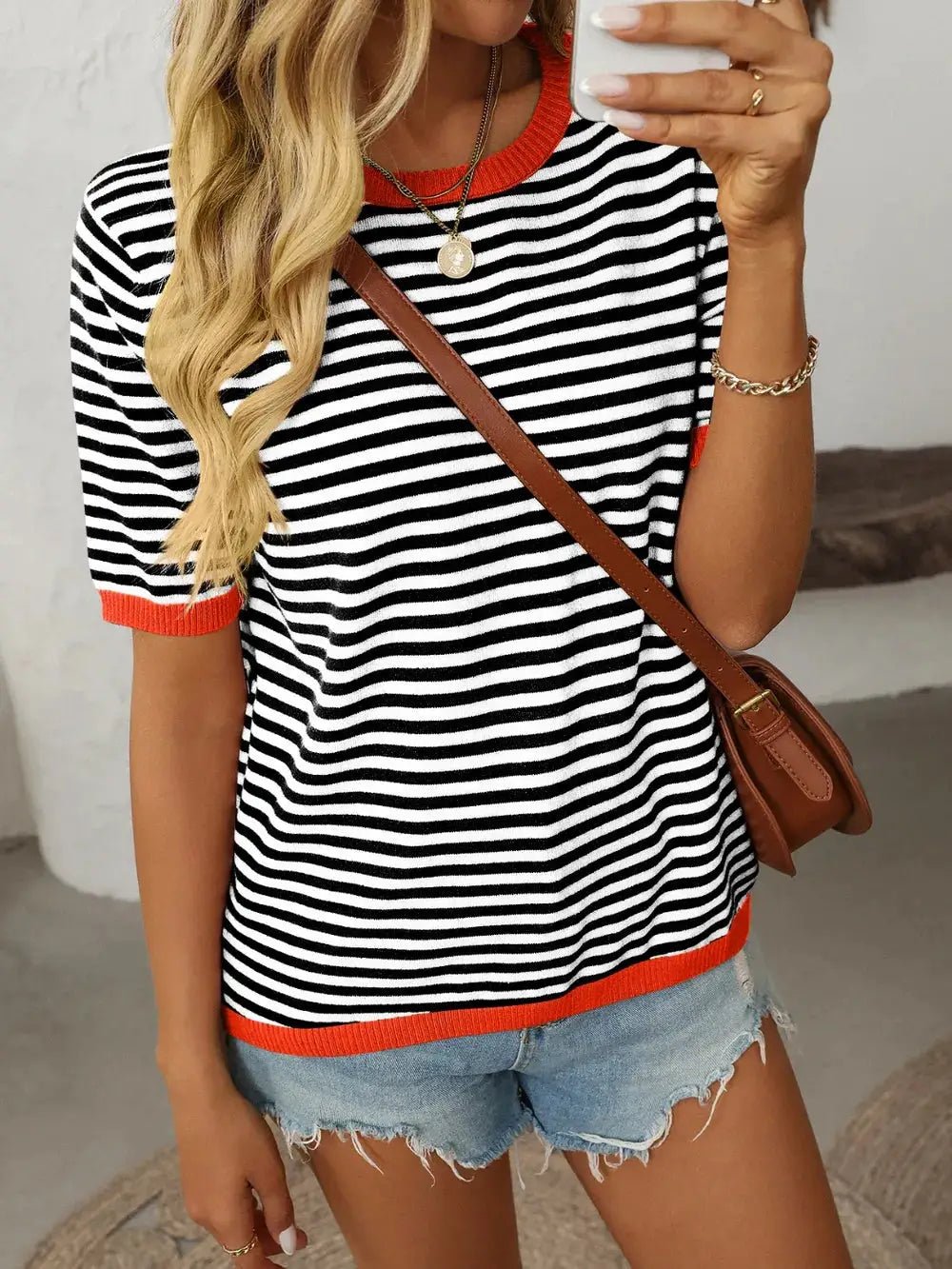 Mandy Striped Round Neck Half Sleeve Knit Top - Fritsch & Co.