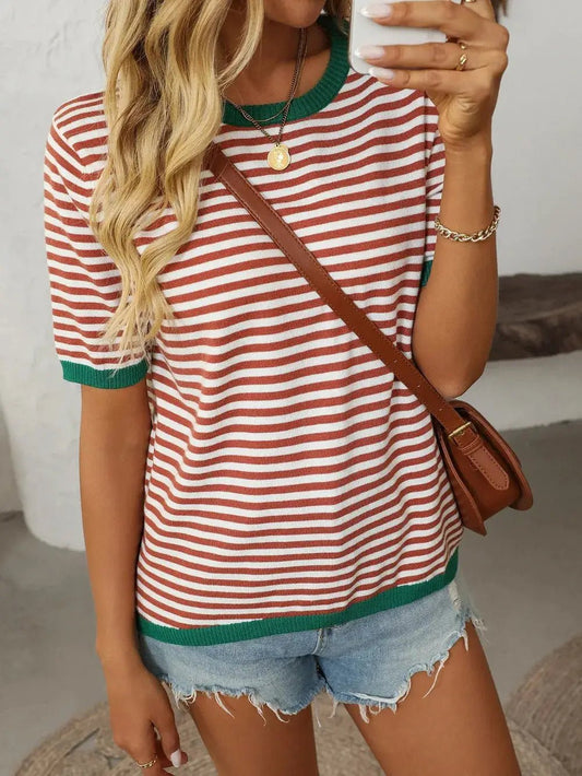 Mandy Striped Round Neck Half Sleeve Knit Top - Fritsch & Co.