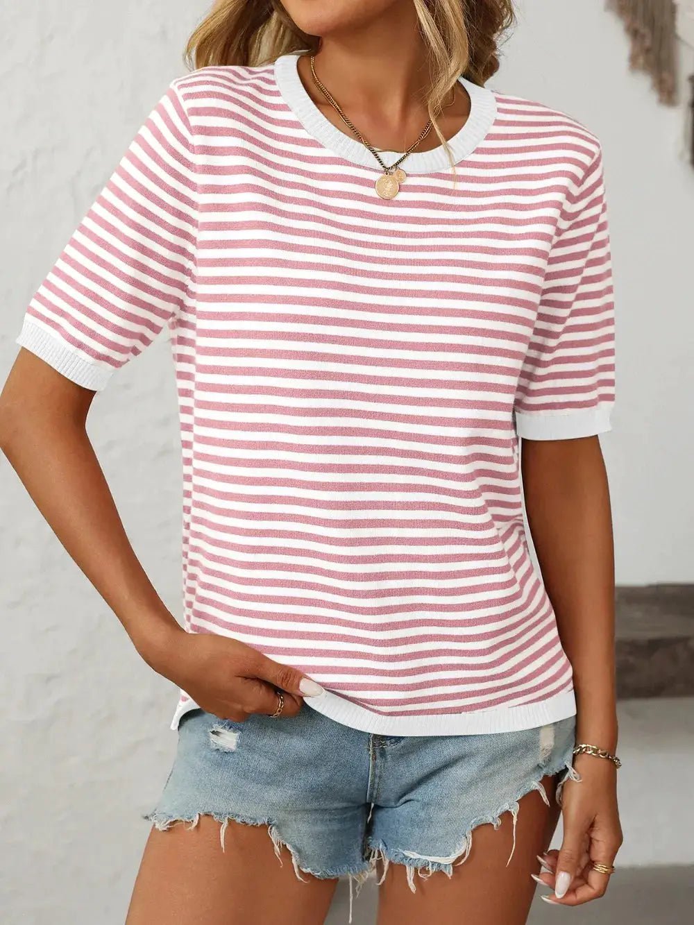 Mandy Striped Round Neck Half Sleeve Knit Top - Fritsch & Co.
