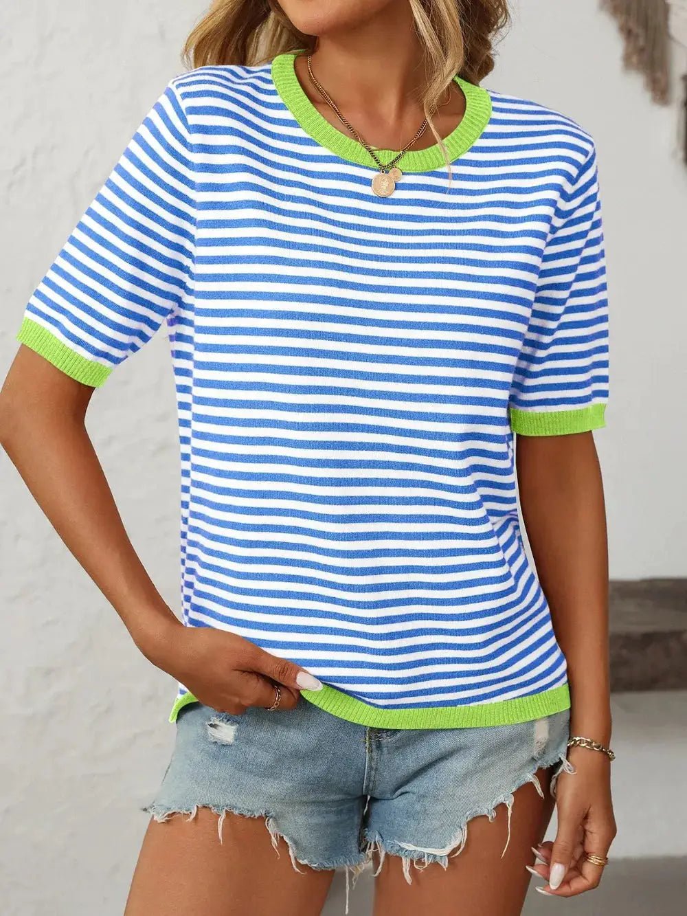 Mandy Striped Round Neck Half Sleeve Knit Top - Fritsch & Co.