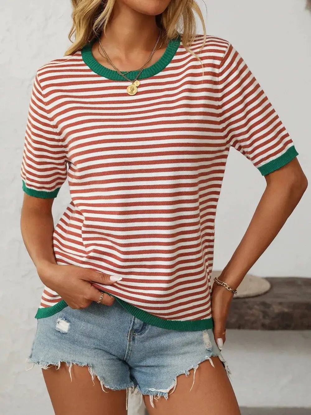 Mandy Striped Round Neck Half Sleeve Knit Top - Fritsch & Co.