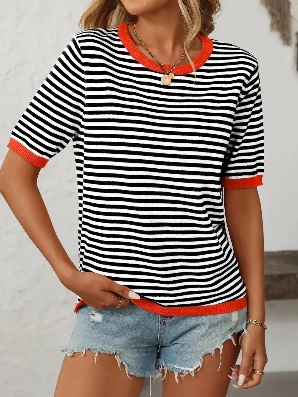 Mandy Striped Round Neck Half Sleeve Knit Top - Fritsch & Co.