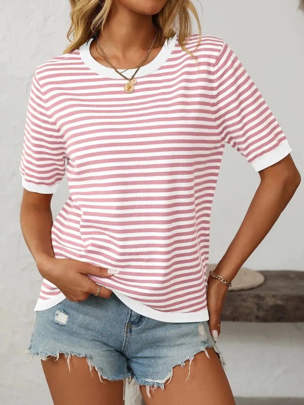 Mandy Striped Round Neck Half Sleeve Knit Top - Fritsch & Co.