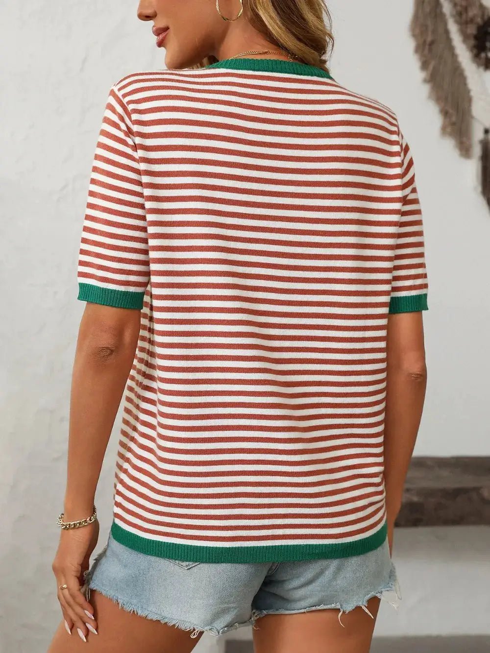 Mandy Striped Round Neck Half Sleeve Knit Top - Fritsch & Co.