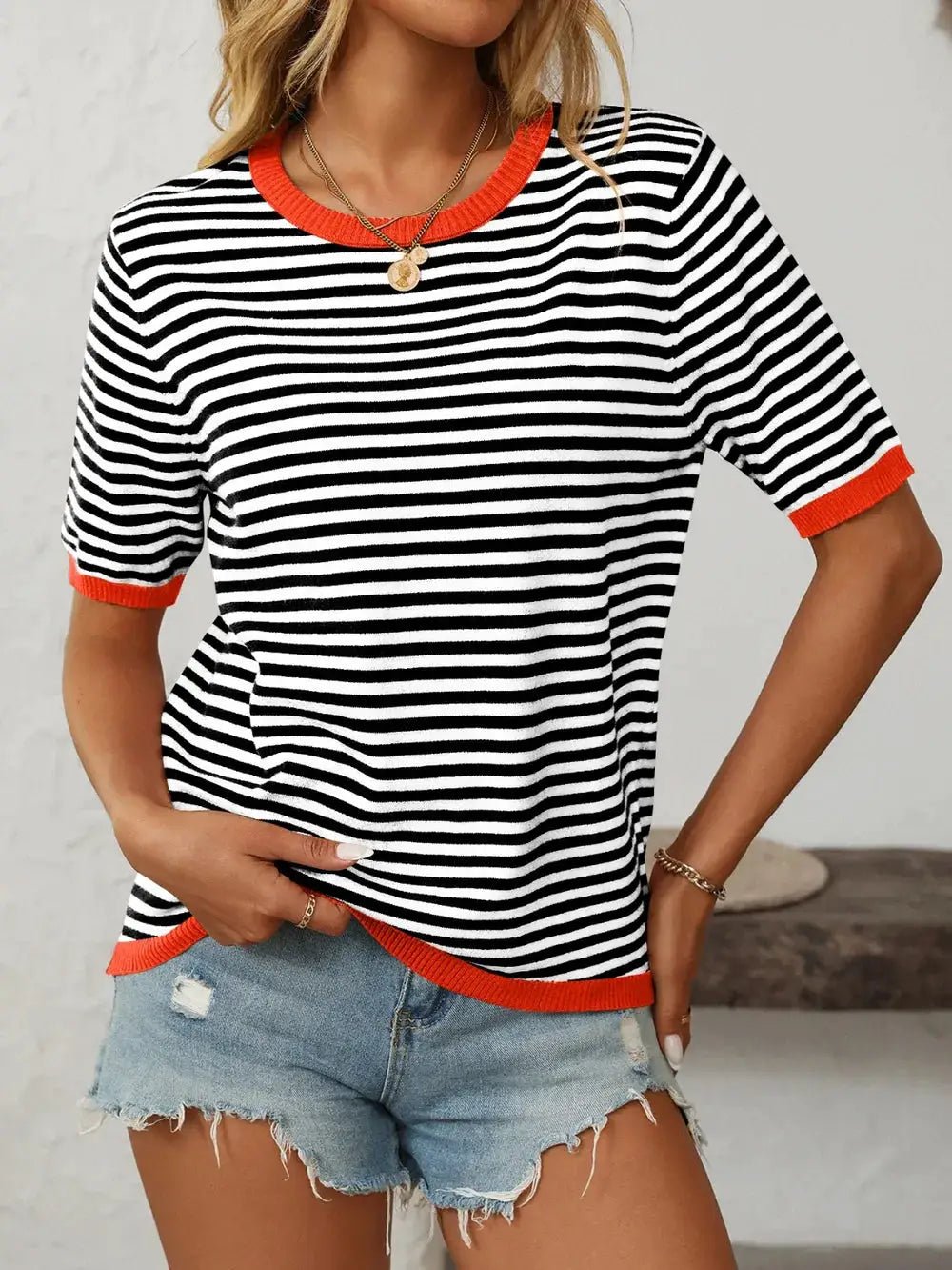Mandy Striped Round Neck Half Sleeve Knit Top - Fritsch & Co.