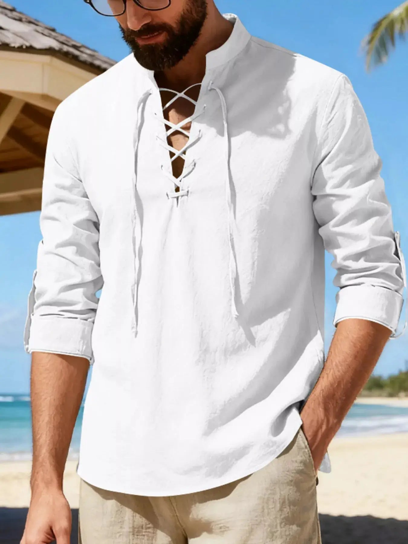 Mens Linen Lace Up Shirt Casual Cotton Blend Plus Size - Fritsch & Co.