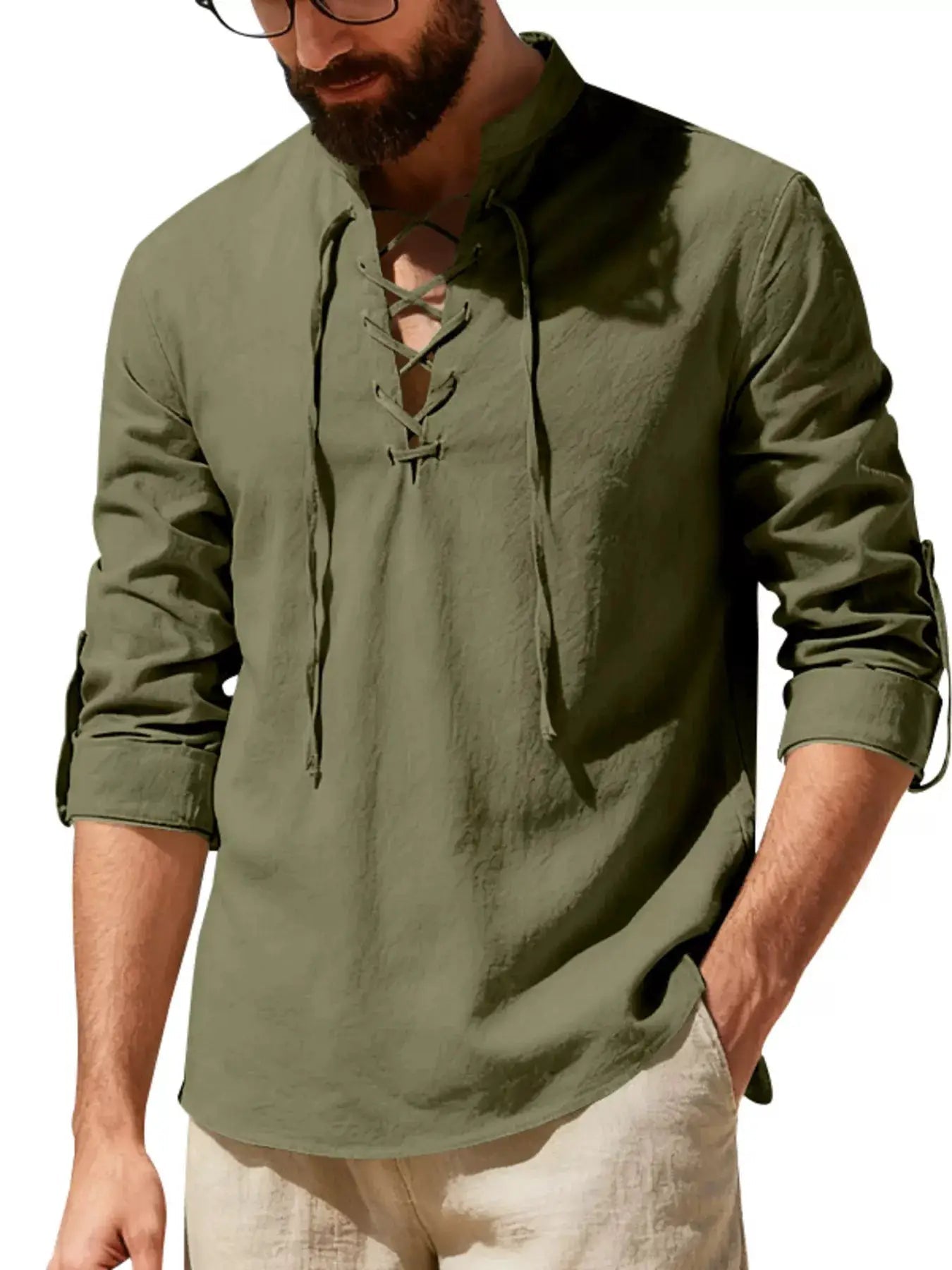 Mens Linen Lace Up Shirt Casual Cotton Blend Plus Size - Fritsch & Co.
