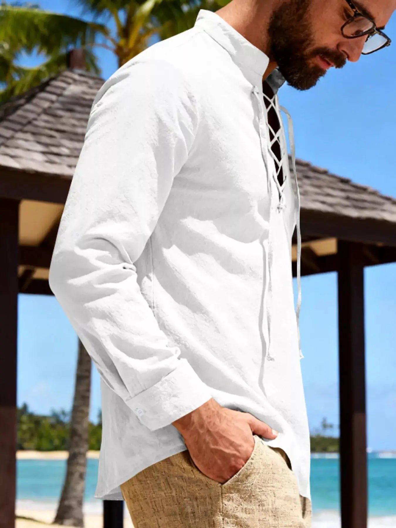 Mens Linen Lace Up Shirt Casual Cotton Blend Plus Size - Fritsch & Co.