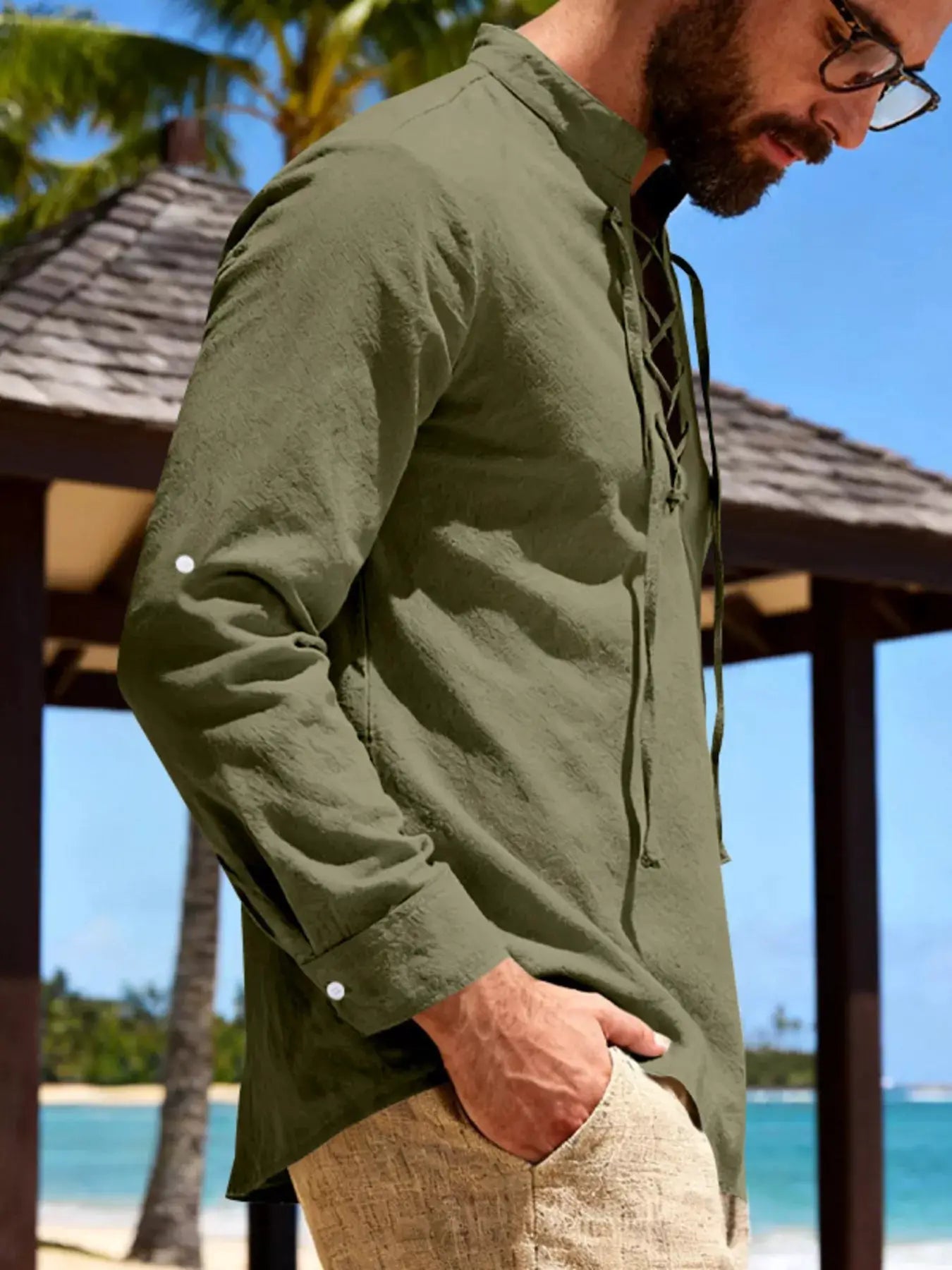 Mens Linen Lace Up Shirt Casual Cotton Blend Plus Size - Fritsch & Co.