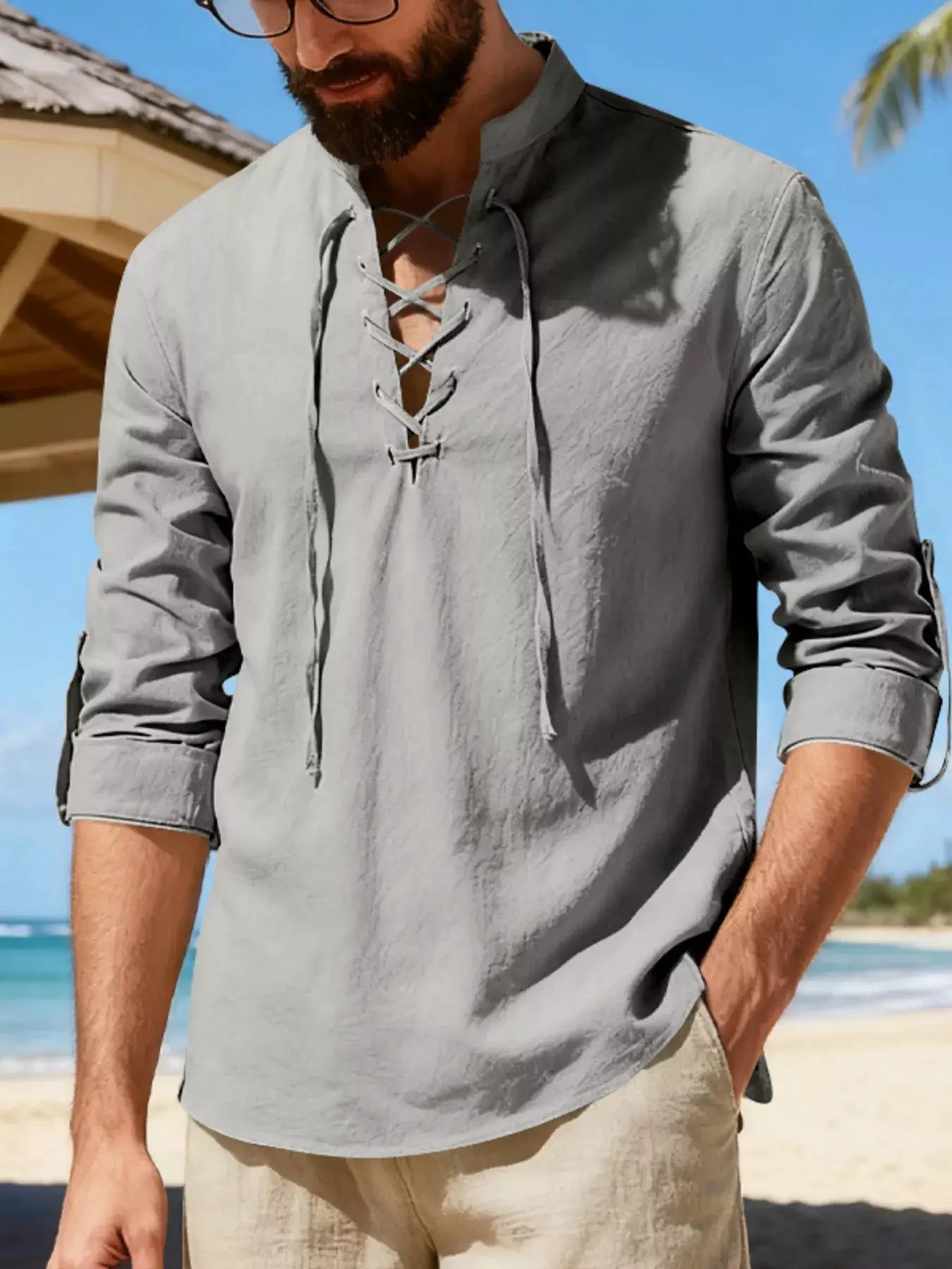 Mens Linen Lace Up Shirt Casual Cotton Blend Plus Size - Fritsch & Co.