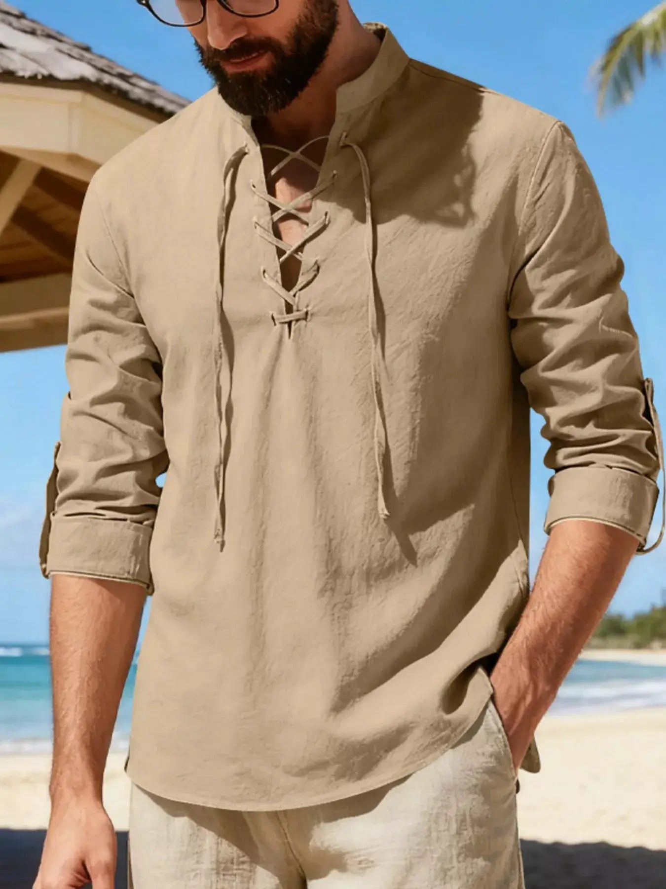 Mens Linen Lace Up Shirt Casual Cotton Blend Plus Size - Fritsch & Co.
