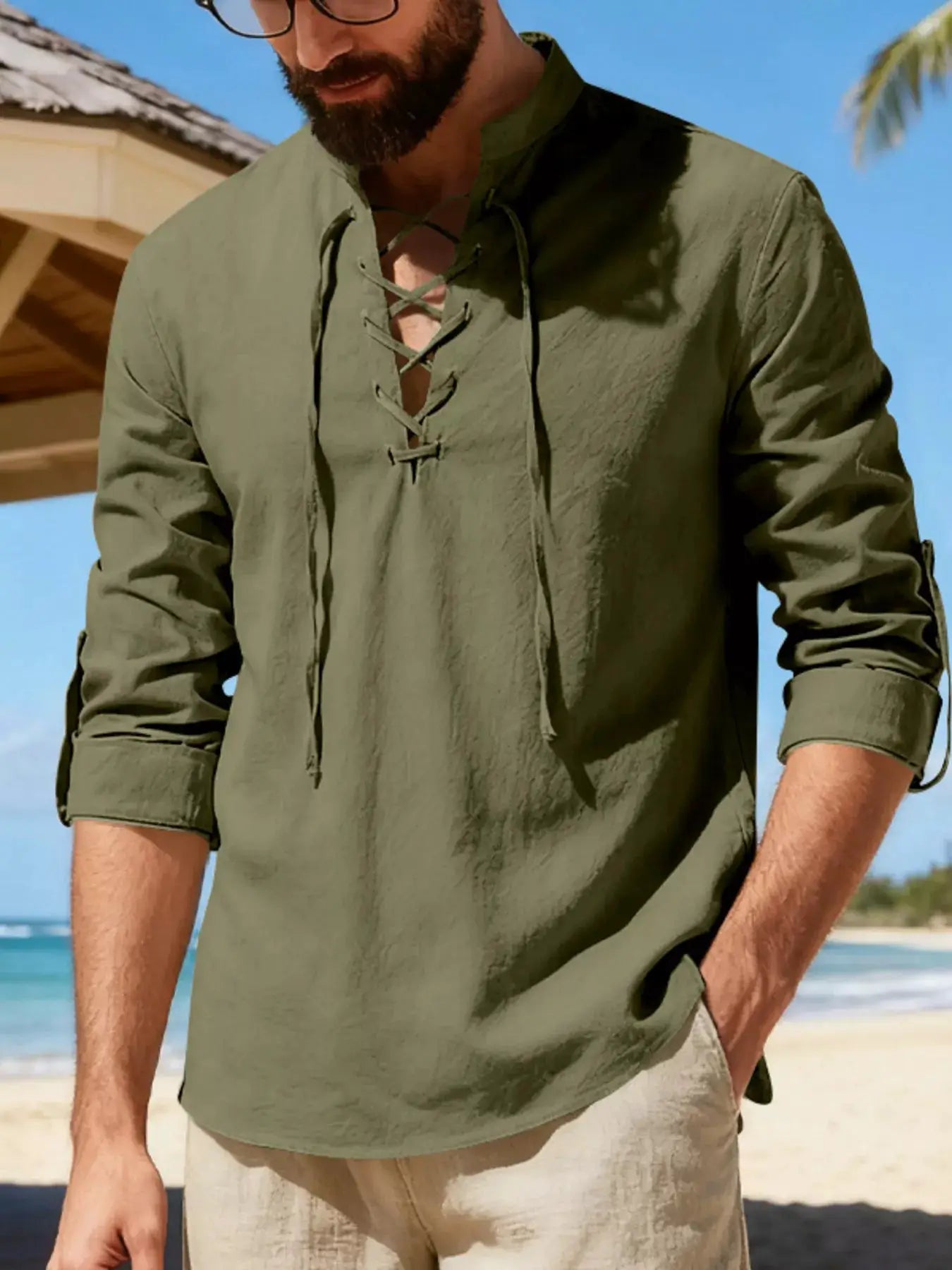 Mens Linen Lace Up Shirt Casual Cotton Blend Plus Size - Fritsch & Co.