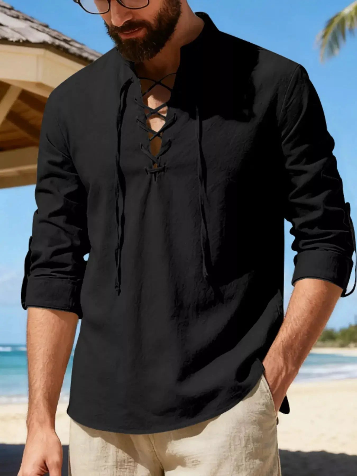 Mens Linen Lace Up Shirt Casual Cotton Blend Plus Size - Fritsch & Co.
