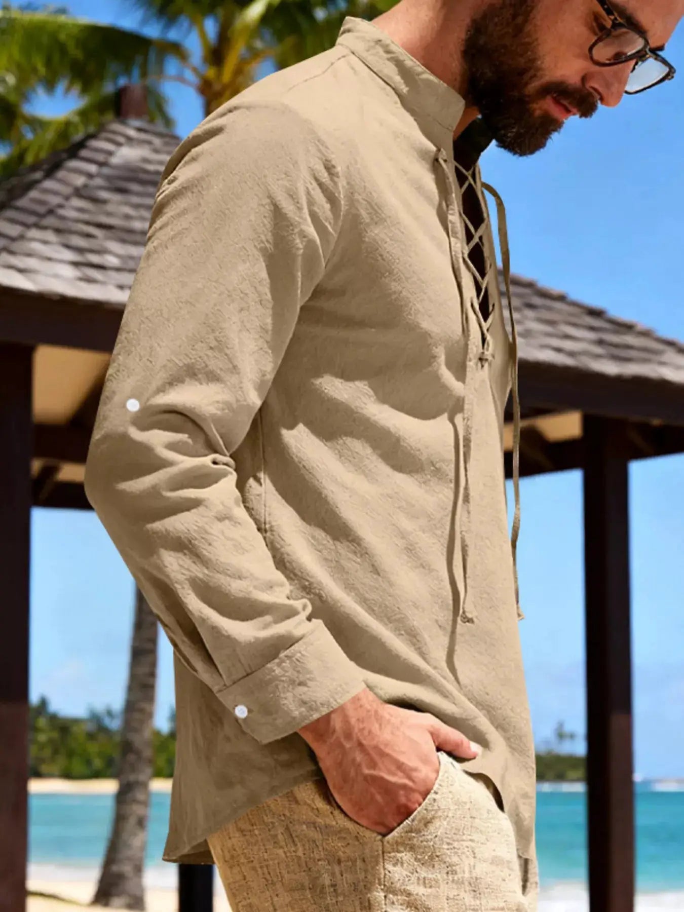 Mens Linen Lace Up Shirt Casual Cotton Blend Plus Size - Fritsch & Co.