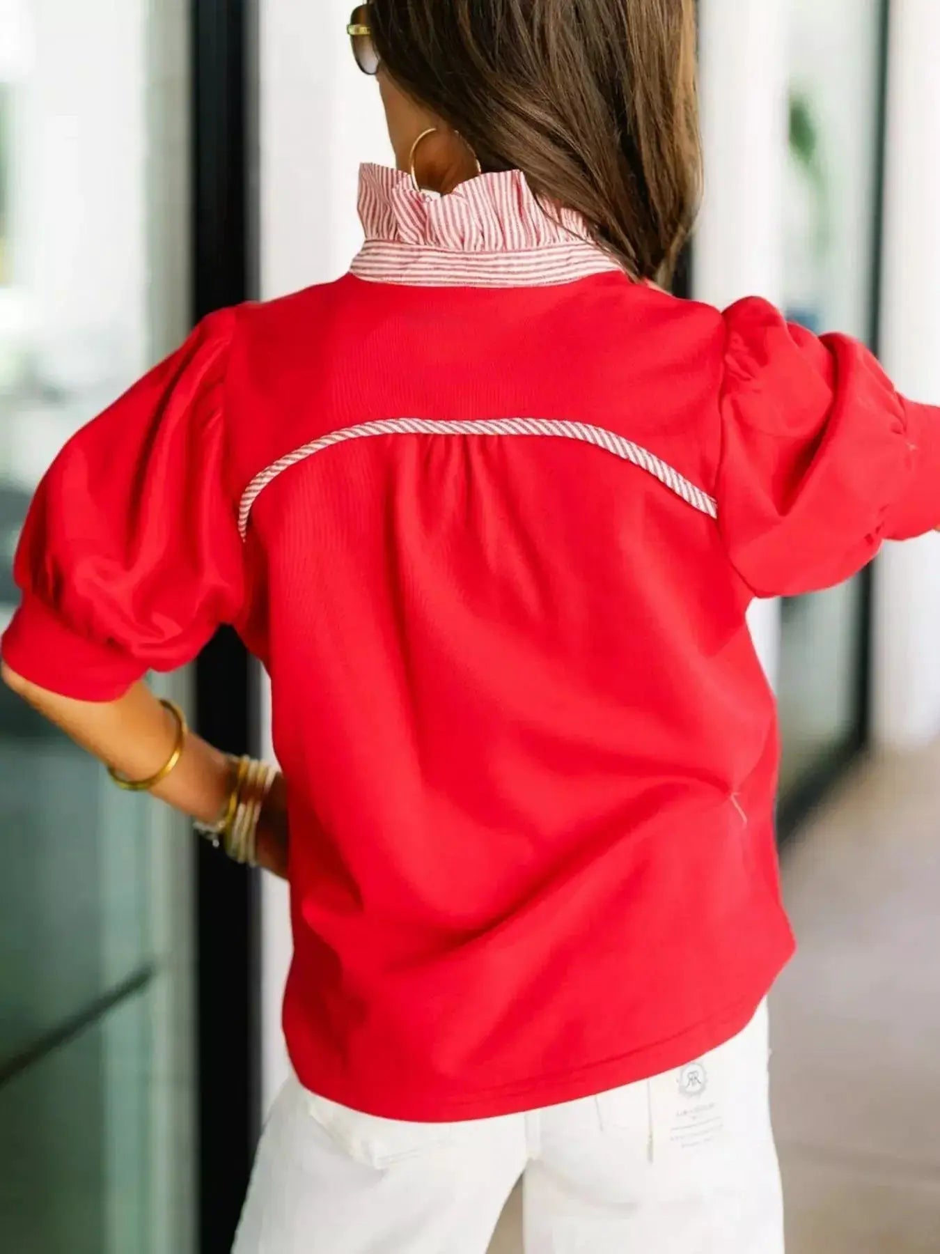Notched Short Puff Sleeve Blouse - Fritsch & Co.