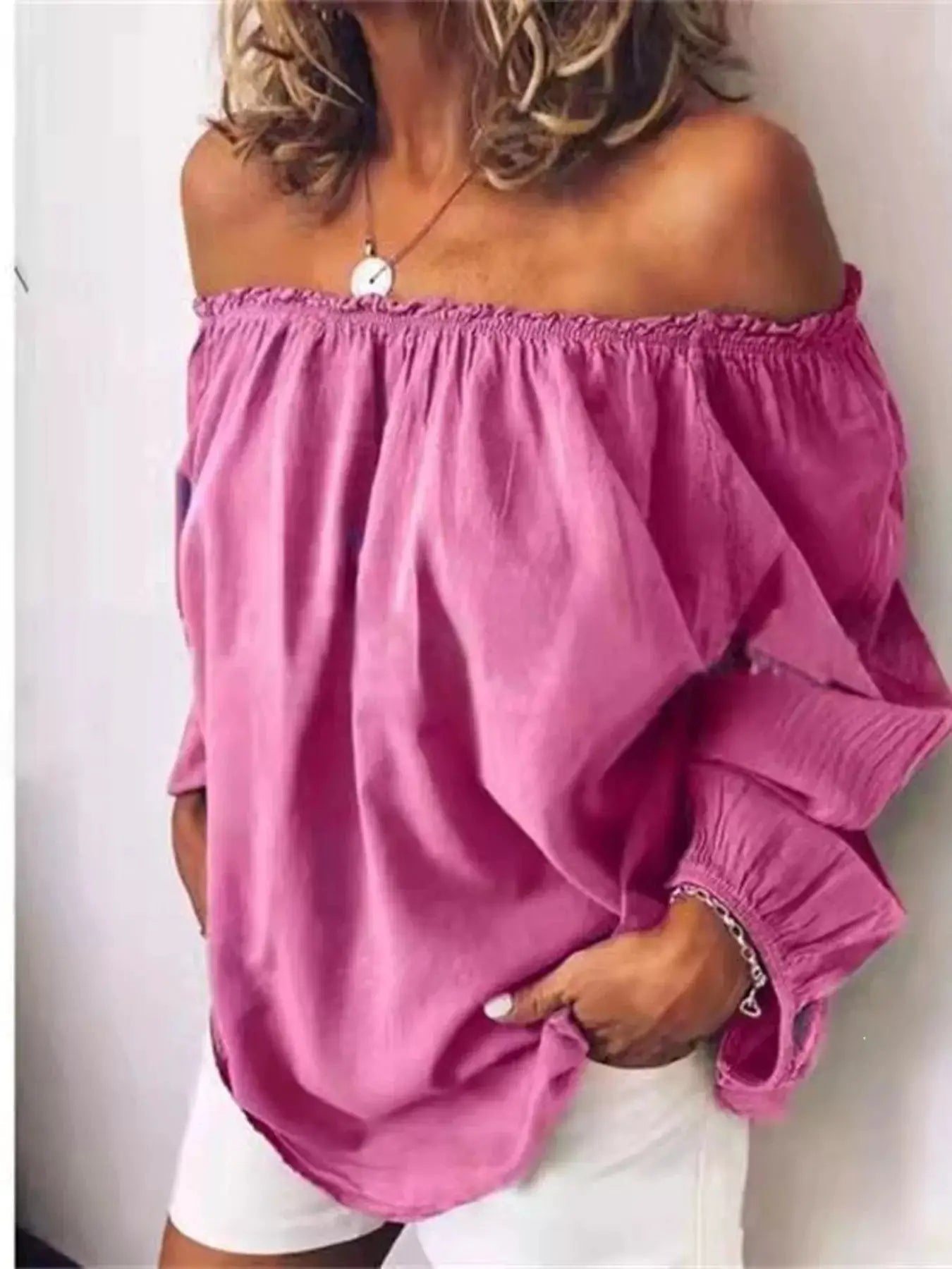 Off - Shoulder Frill Trim Blouse Polyester Top for Women - Fritsch & Co.