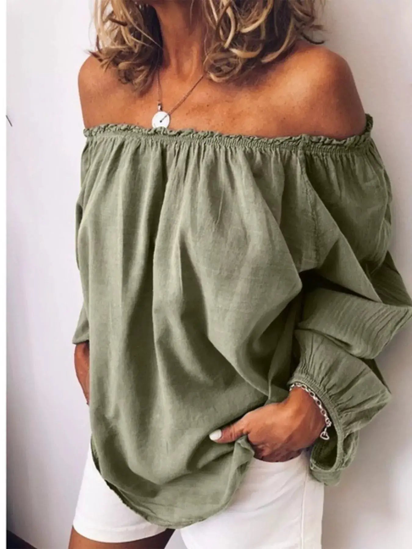 Off - Shoulder Frill Trim Blouse Polyester Top for Women - Fritsch & Co.