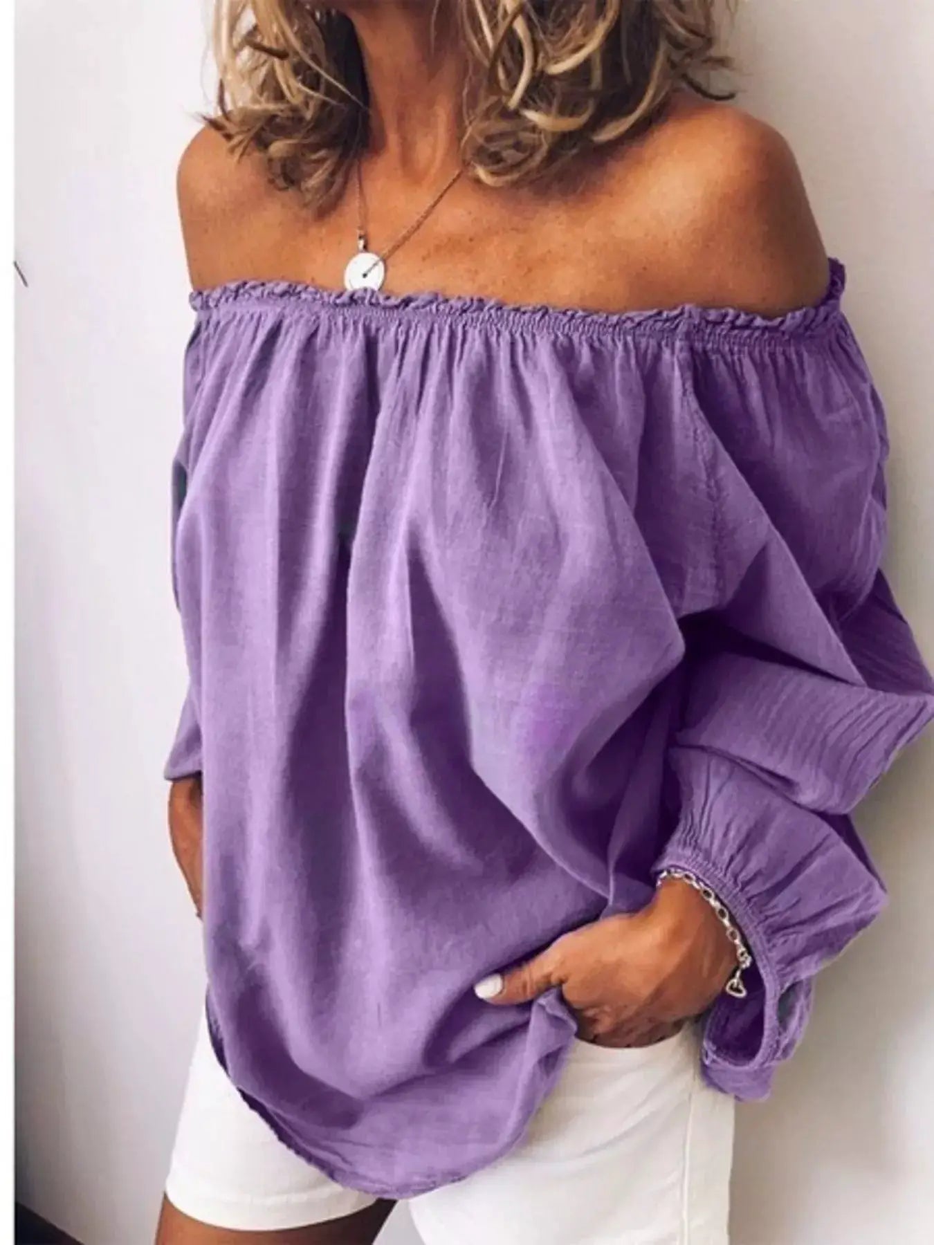 Off - Shoulder Frill Trim Blouse Polyester Top for Women - Fritsch & Co.