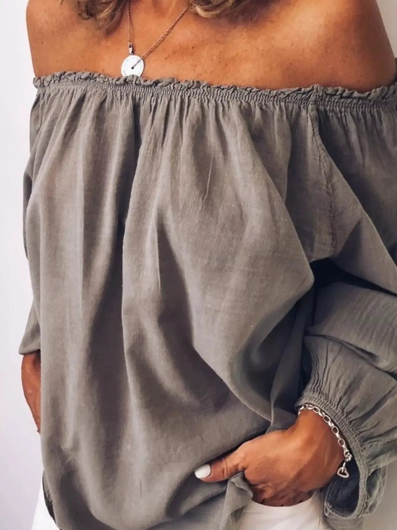 Off - Shoulder Frill Trim Blouse Polyester Top for Women - Fritsch & Co.