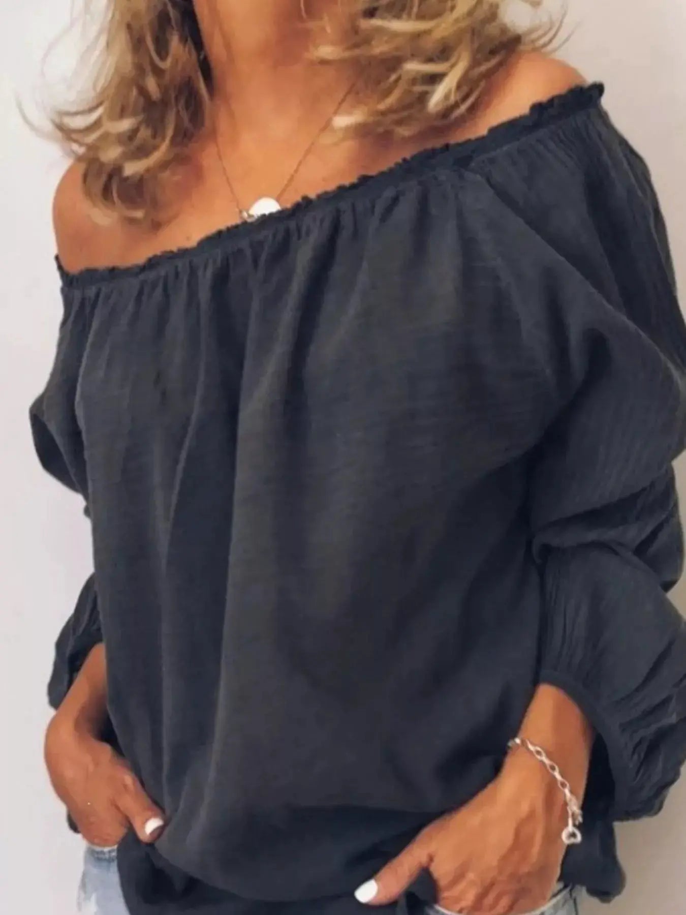 Off - Shoulder Frill Trim Blouse Polyester Top for Women - Fritsch & Co.