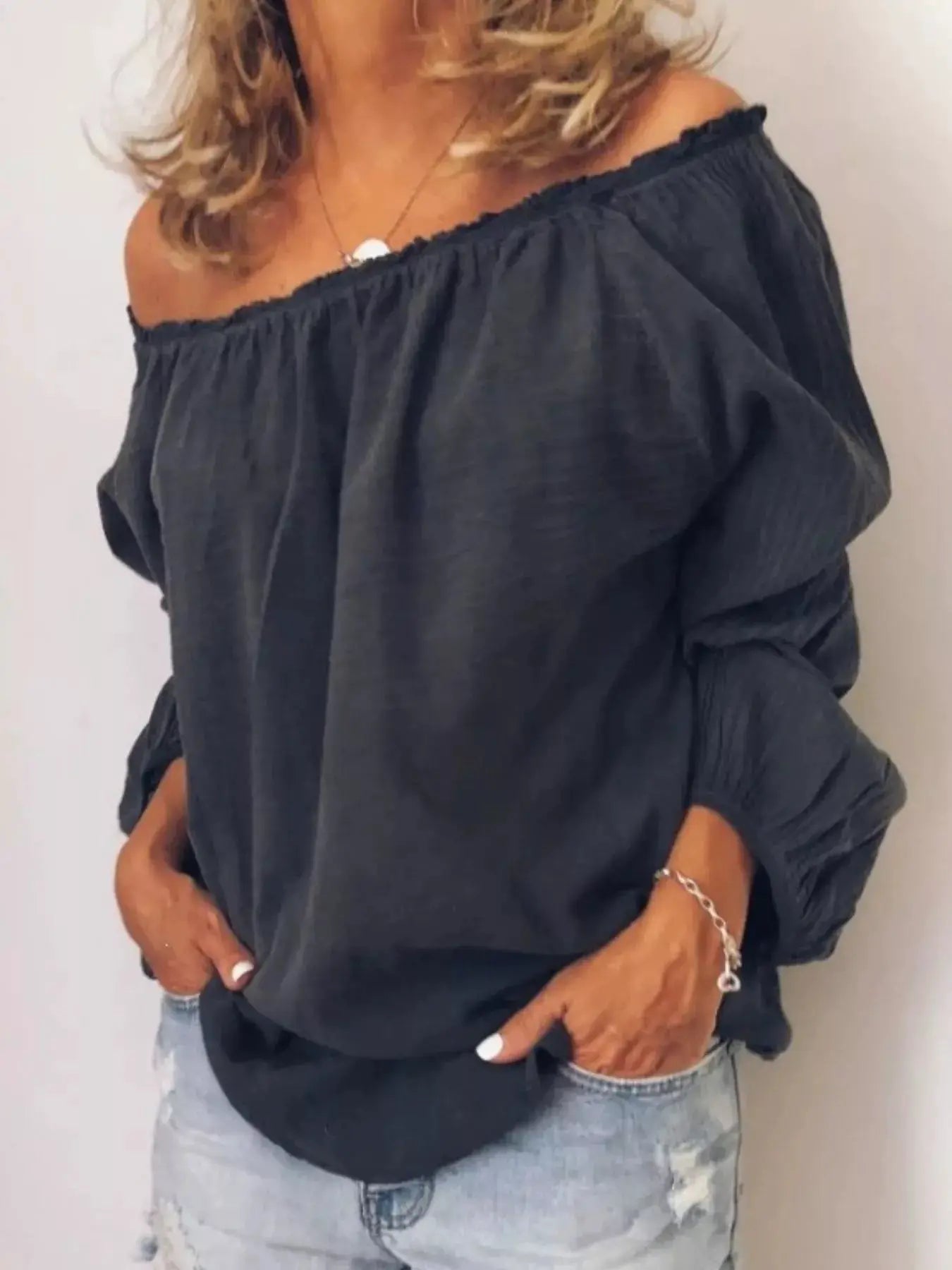 Off - Shoulder Frill Trim Blouse Polyester Top for Women - Fritsch & Co.