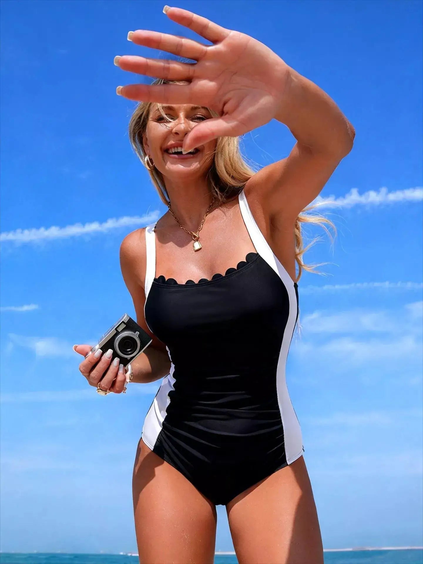 Olive Green White Two Tone Ruched One Piece Swimsuit With Removable Padding - Fritsch & Co.