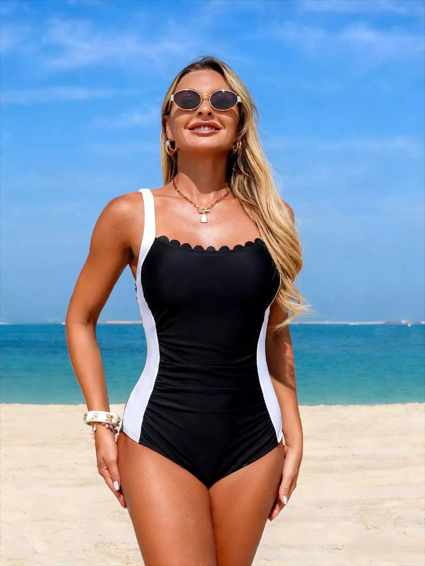 Olive Green White Two Tone Ruched One Piece Swimsuit With Removable Padding - Fritsch & Co.