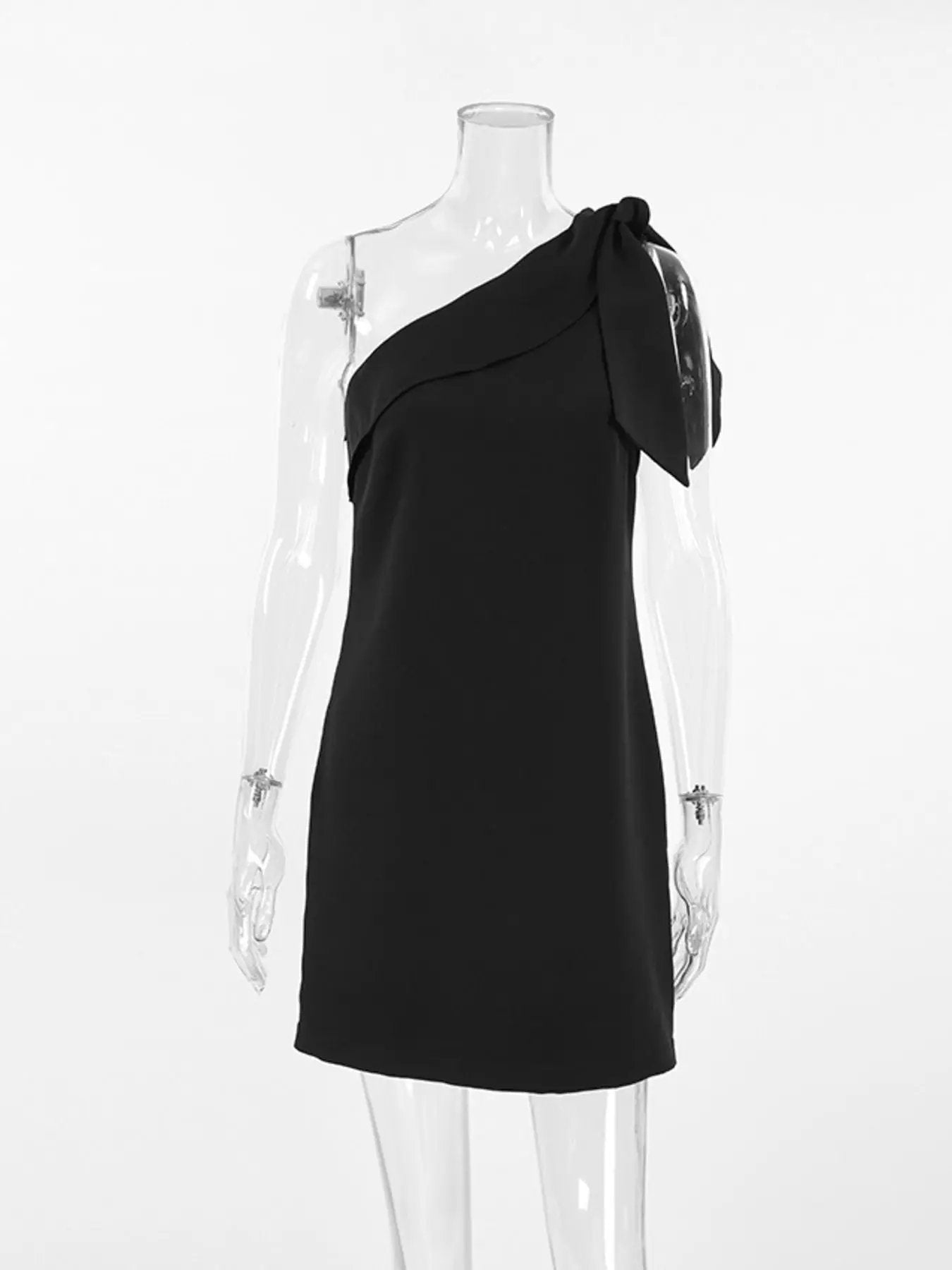 One Shoulder Bow Mini Dress Black Asymmetrical Detail Party Dress - Fritsch & Co.