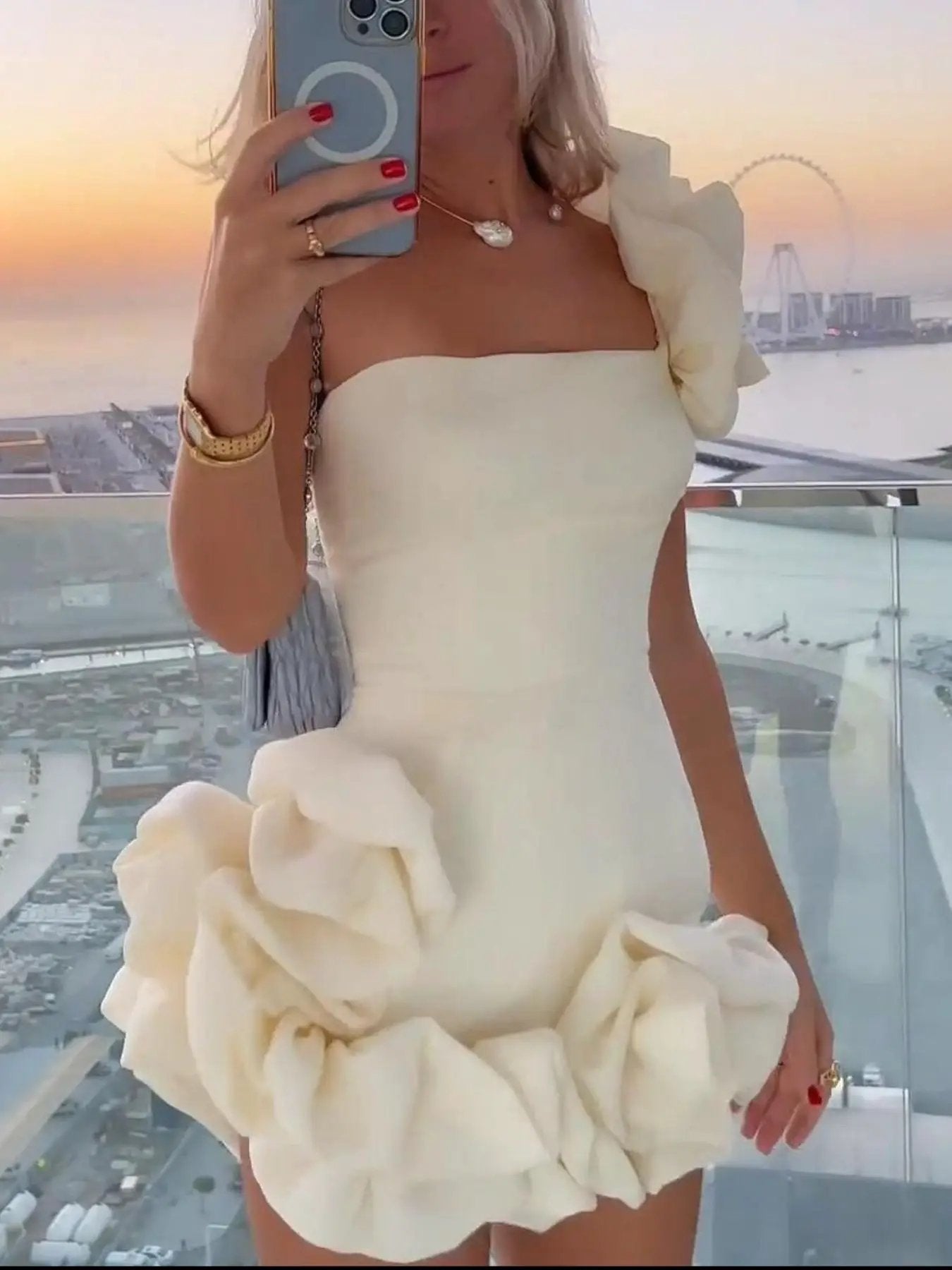 One Shoulder Ruffle Mini Dress With Slight Stretch - Fritsch & Co.