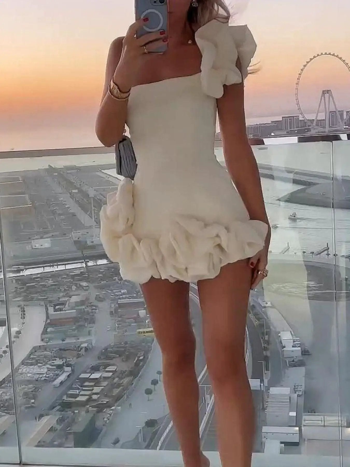 One Shoulder Ruffle Mini Dress With Slight Stretch - Fritsch & Co.