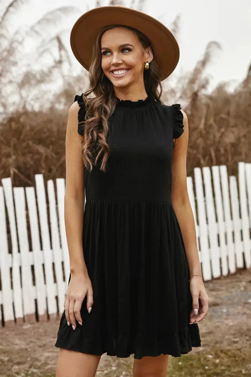 Pink Ruffled Sleeveless Mini Dress With Frill Neckline - Fritsch & Co.