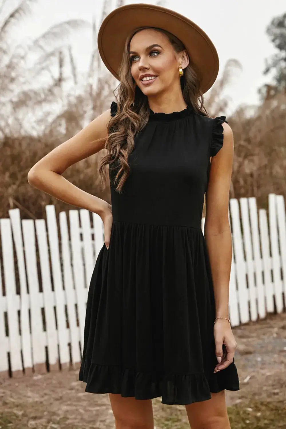 Pink Ruffled Sleeveless Mini Dress With Frill Neckline - Fritsch & Co.