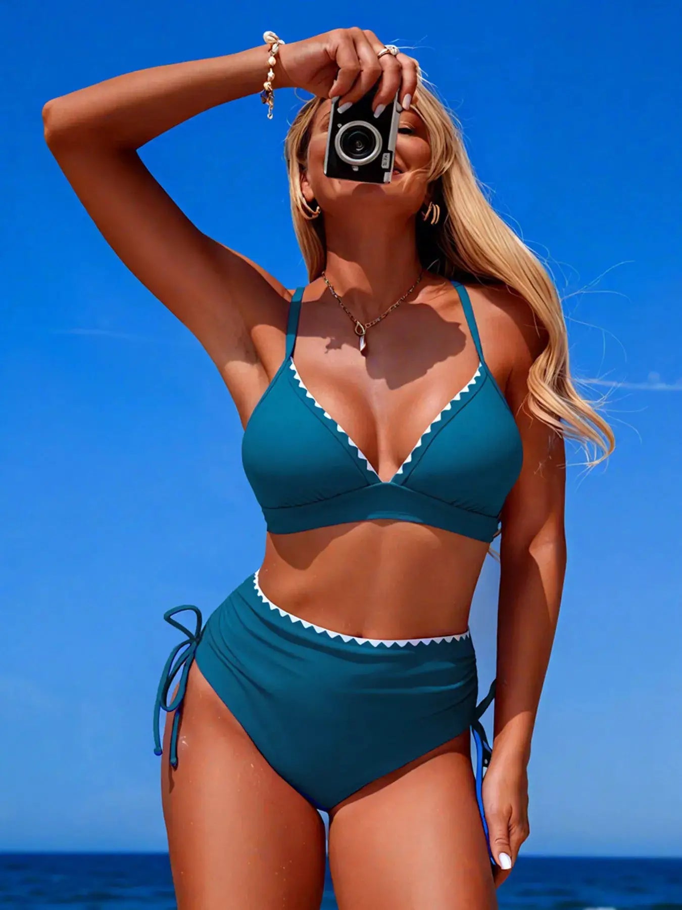 Pink Scalloped Trim High Waisted Bikini Set Two Piece - Fritsch & Co.