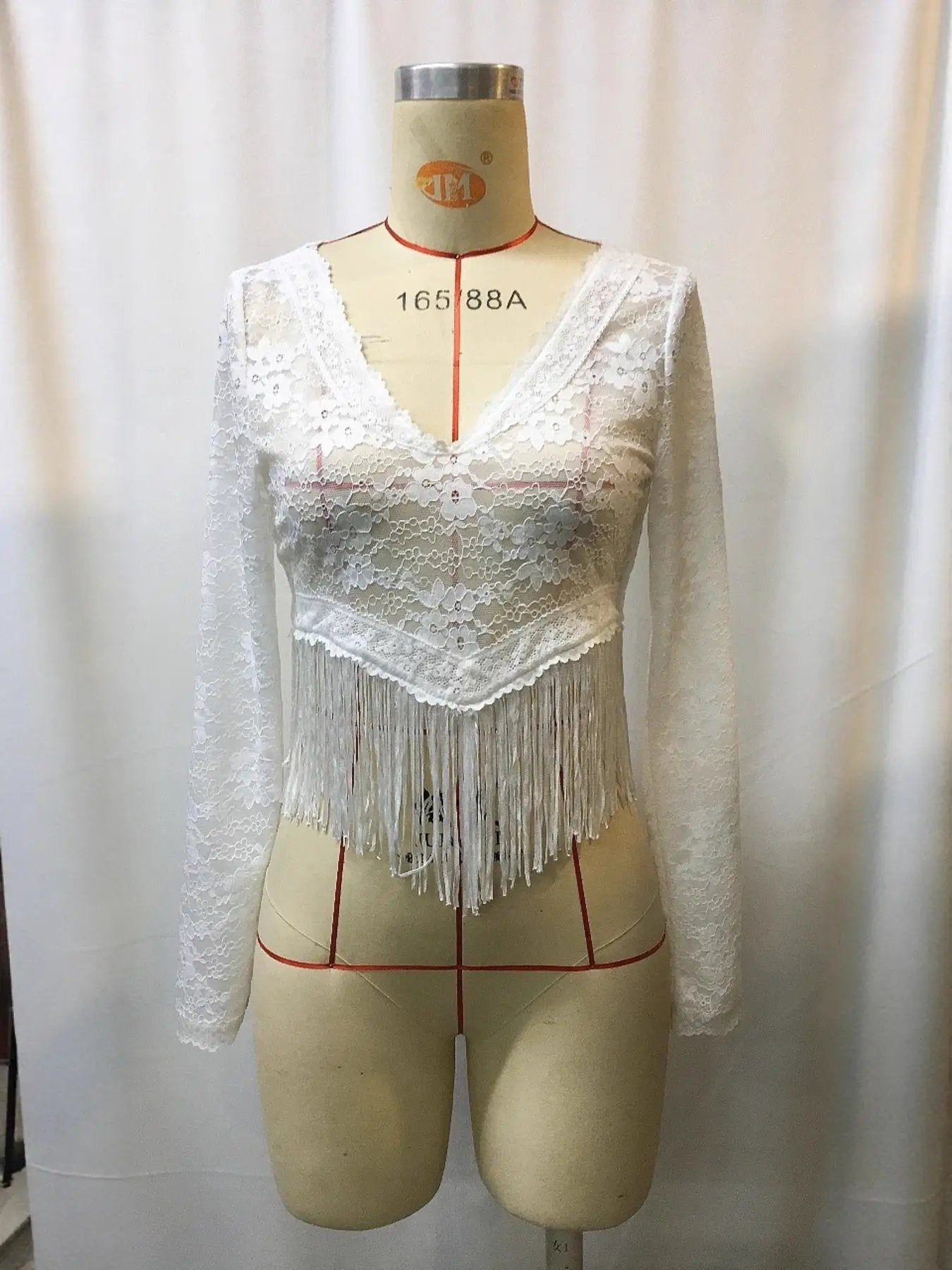 Plus Size Lace Fringe Hem Long Sleeve Top Sheer Boho Blouse - Fritsch & Co.