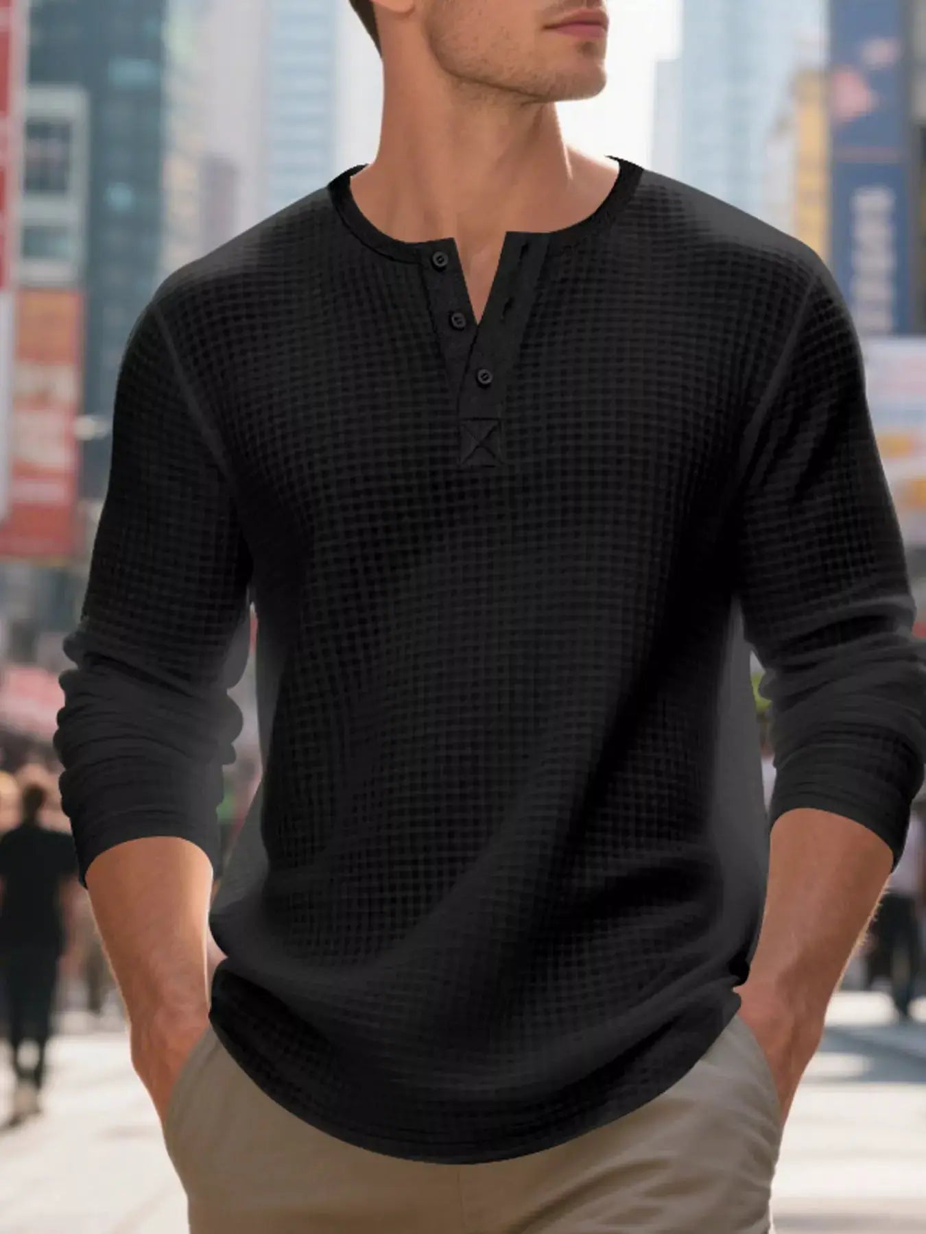Plus Size Men's Waffle Knit Henley Long Sleeve T Shirt - Fritsch & Co.