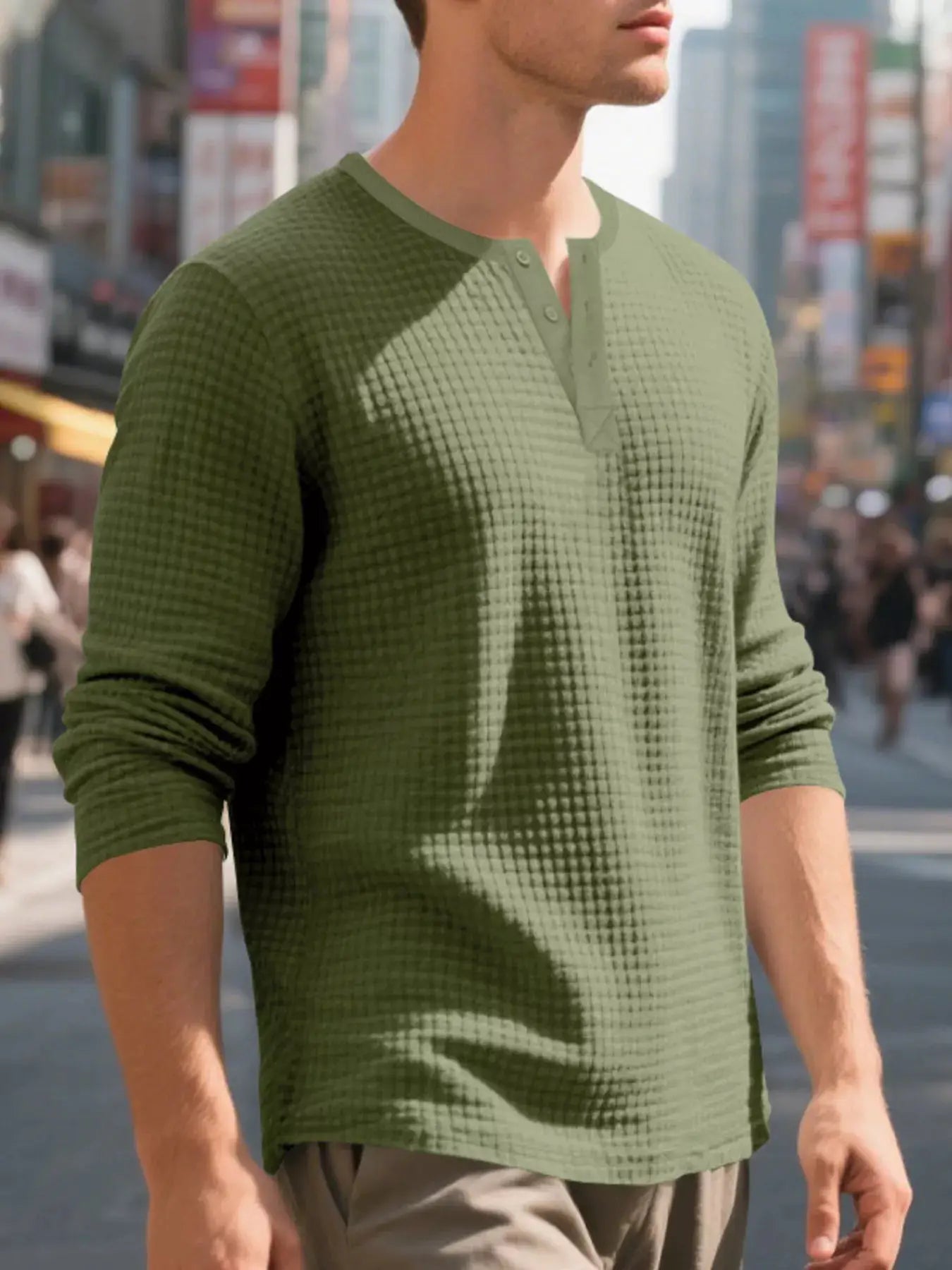Plus Size Men's Waffle Knit Henley Long Sleeve T Shirt - Fritsch & Co.