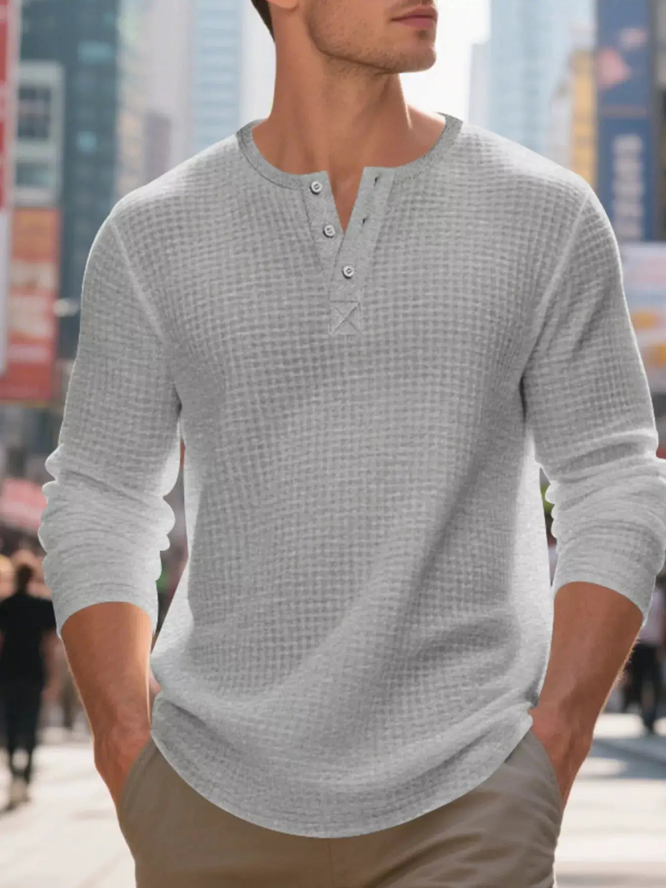 Plus Size Men's Waffle Knit Henley Long Sleeve T Shirt - Fritsch & Co.